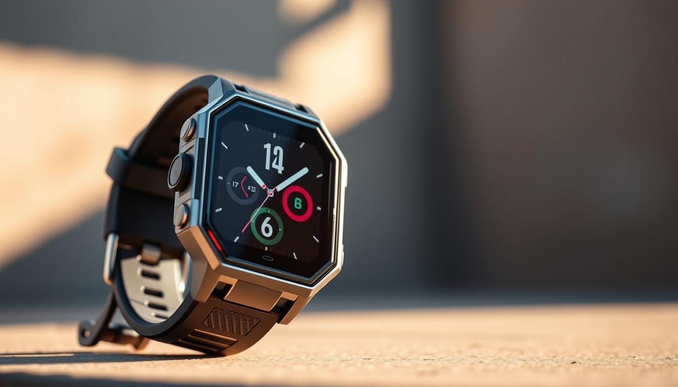 A high-quality, sleek smartwatch designed for the avid runner, featuring a sporty, lightweight frame, durable construction, and an array of advanced fitness tracking capabilities. Captured in a dynamic, three-quarter angle view, the watch showcases its bold, angular design with a vibrant, high-resolution OLED display, intuitive touch controls, and a rugged, water-resistant casing. The scene is illuminated by warm, natural lighting, casting subtle shadows that accentuate the watch's contours and textures. The background is blurred, placing the focus squarely on the smartwatch as the centerpiece, radiating a sense of premium quality and functionality tailored for the discerning runner.