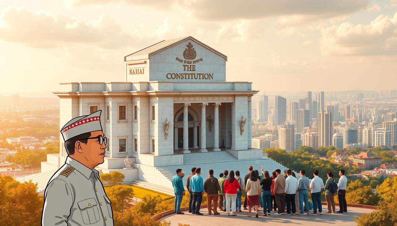 A grand marble building representing the Constitution of Indonesia, standing tall and majestic, with intricate details on its façade. In the foreground, a stylized illustration of a local government official, symbolizing the decentralization of power and regional autonomy. The middle ground showcases a diverse group of citizens, each representing the different regions and ethnicities of the nation, gathered around the building, discussing and debating the principles of the Constitution. The background features a panoramic view of a vibrant, modern cityscape, with skyscrapers and infrastructure, signifying the progress and development enabled by the fundamental laws enshrined in the Constitution. Warm, golden lighting bathes the scene, conveying a sense of stability, unity, and national pride.