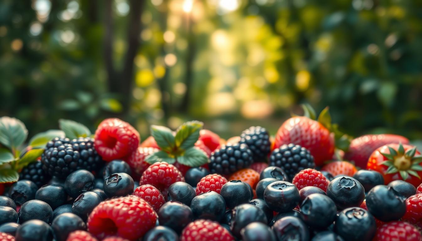 A lush assortment of fresh, ripe berries in a natural setting. In the foreground, an array of glistening blueberries, raspberries, blackberries, and strawberries, arranged artfully against a backdrop of verdant foliage. The middle ground features a few scattered whole berries, their vibrant colors contrasting with the soft, diffused lighting. In the background, a blurred forest scene with dappled sunlight filtering through the trees, creating a warm, earthy atmosphere. The image conveys the bounty and goodness of these nutrient-dense superfoods, inviting the viewer to appreciate the diverse flavors and health benefits of the berry family.