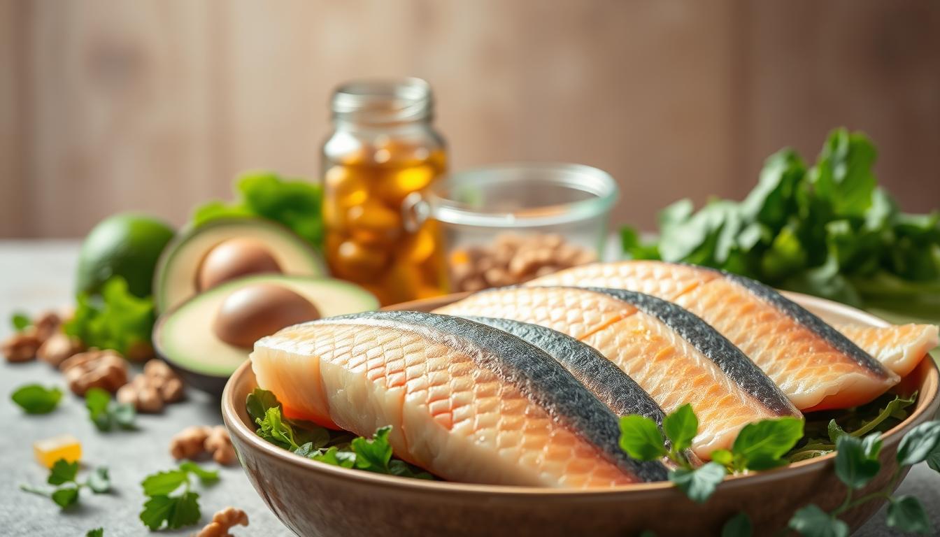 A serene still life showcasing the connection between omega-3 fatty acids and brain health. In the foreground, a bowl of fresh, glistening fish fillets, their scales catching the soft, warm light. Surrounding them, an arrangement of vibrant green leafy greens, avocado slices, and a sprinkle of chopped walnuts. In the middle ground, a glass jar filled with transparent fish oil capsules, their amber hue resonating with the overall palette. The background is a muted, earthy tone, allowing the vibrant, nourishing ingredients to take center stage. The overall composition evokes a sense of balance, wholeness, and the profound impact that omega-3-rich foods can have on cognitive function and brain health.