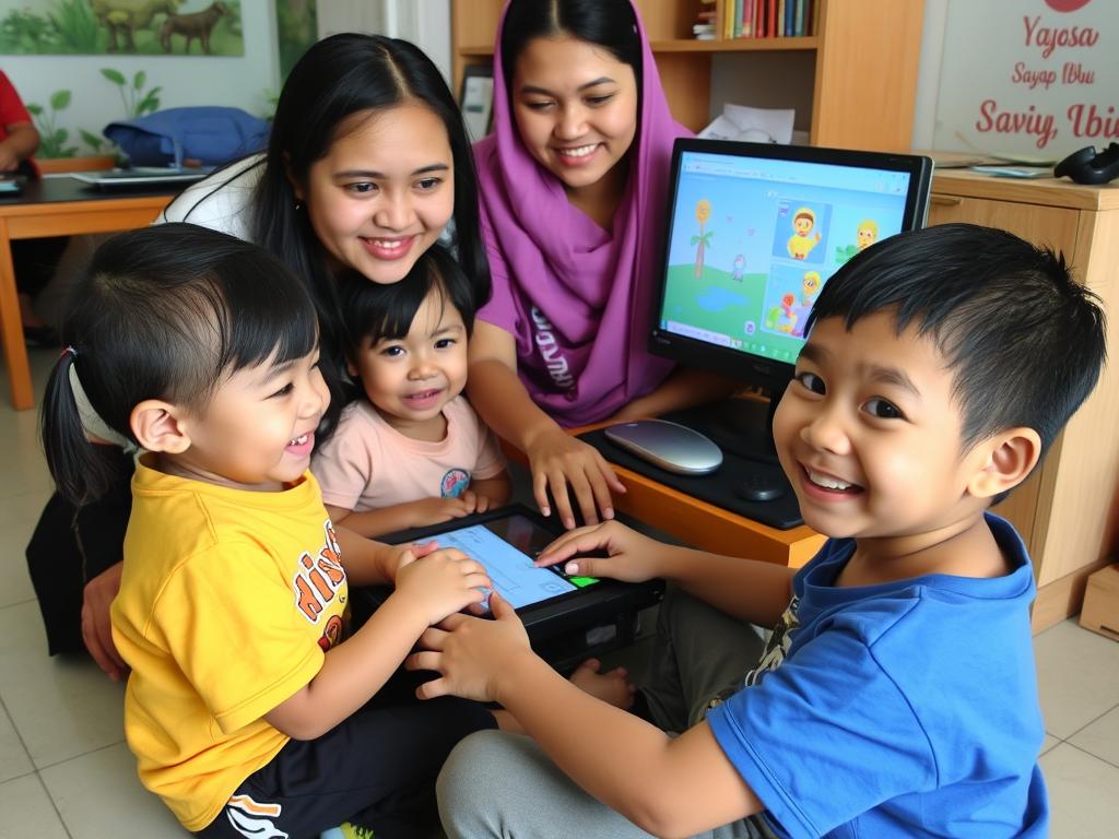Children with developmental disabilities using adaptive learning software at Yayasan Sayap Ibu