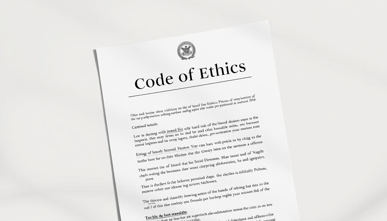 A school supervisor's code of ethics, displayed as a formal document with a distinctive header and emblem. The document features clean, minimalist typography and layout, conveying a sense of professionalism and authority. The background is a muted, neutral tone, allowing the content to take center stage. Soft, directional lighting casts subtle shadows, adding depth and dimension to the scene. The overall mood is one of seriousness, integrity, and a commitment to upholding educational standards.