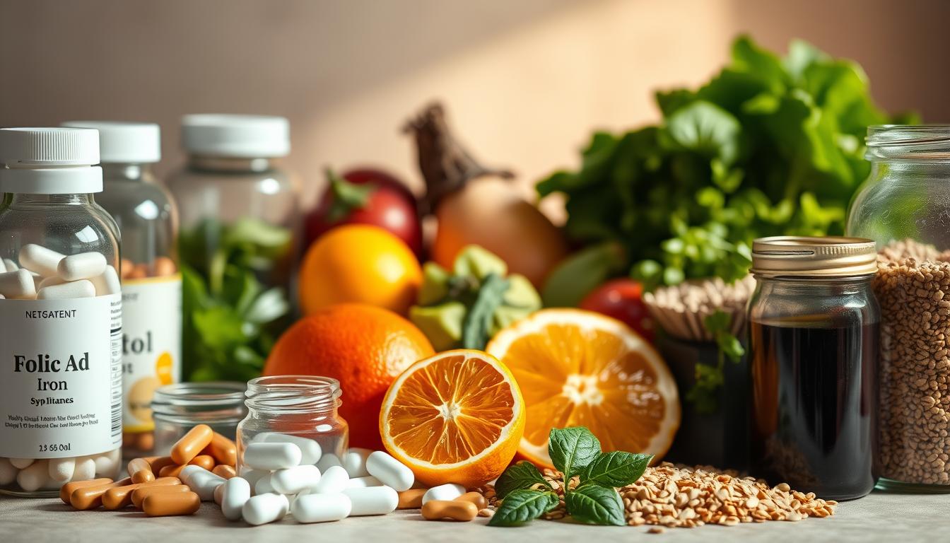 A still life arrangement showcasing an assortment of essential vitamins and minerals for a healthy pregnancy. In the foreground, softly lit glass bottles and jars containing various supplements such as folic acid, iron, calcium, and omega-3 fatty acids. In the middle ground, fresh produce like leafy greens, citrus fruits, and whole grains artfully arranged to highlight their nutritional value. The background features a warm, natural-lit setting with soft, diffused lighting, evoking a sense of wholesome, nourishing wellness. The overall composition conveys the importance of a balanced, vitamin-rich diet for expectant mothers, supporting the optimal development and well-being of both mother and child.