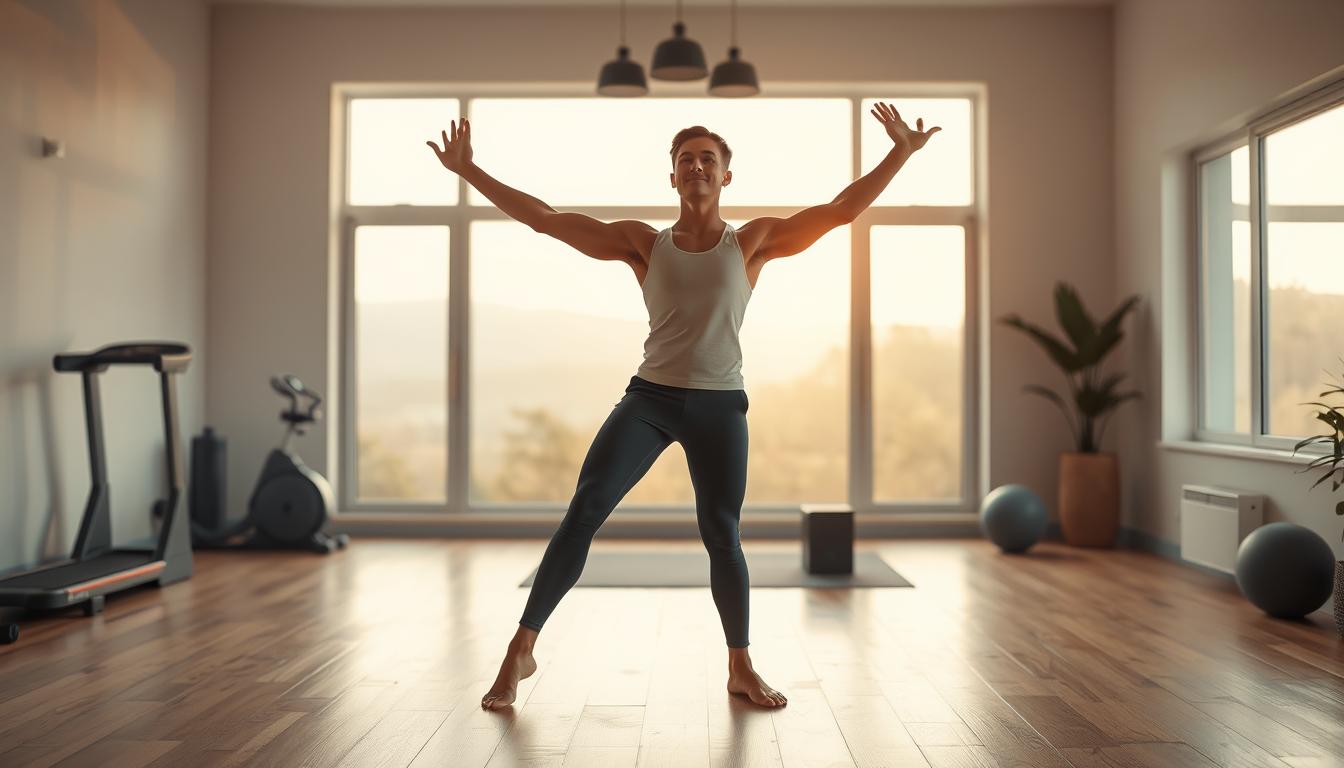 A well-lit indoor scene depicting a person performing a dynamic stretching routine. The foreground shows a young, athletic individual standing with perfect posture, arms and legs in a wide, stable stance, gently stretching their muscles. Mid-ground features a modern, minimalist home gym setting with sleek exercise equipment and natural wooden floors. The background is softly blurred, showcasing a serene, natural landscape visible through large windows, bathed in warm, diffused daylight. The overall mood is one of focused dedication, healthy vitality, and the importance of proper preparation before a workout.