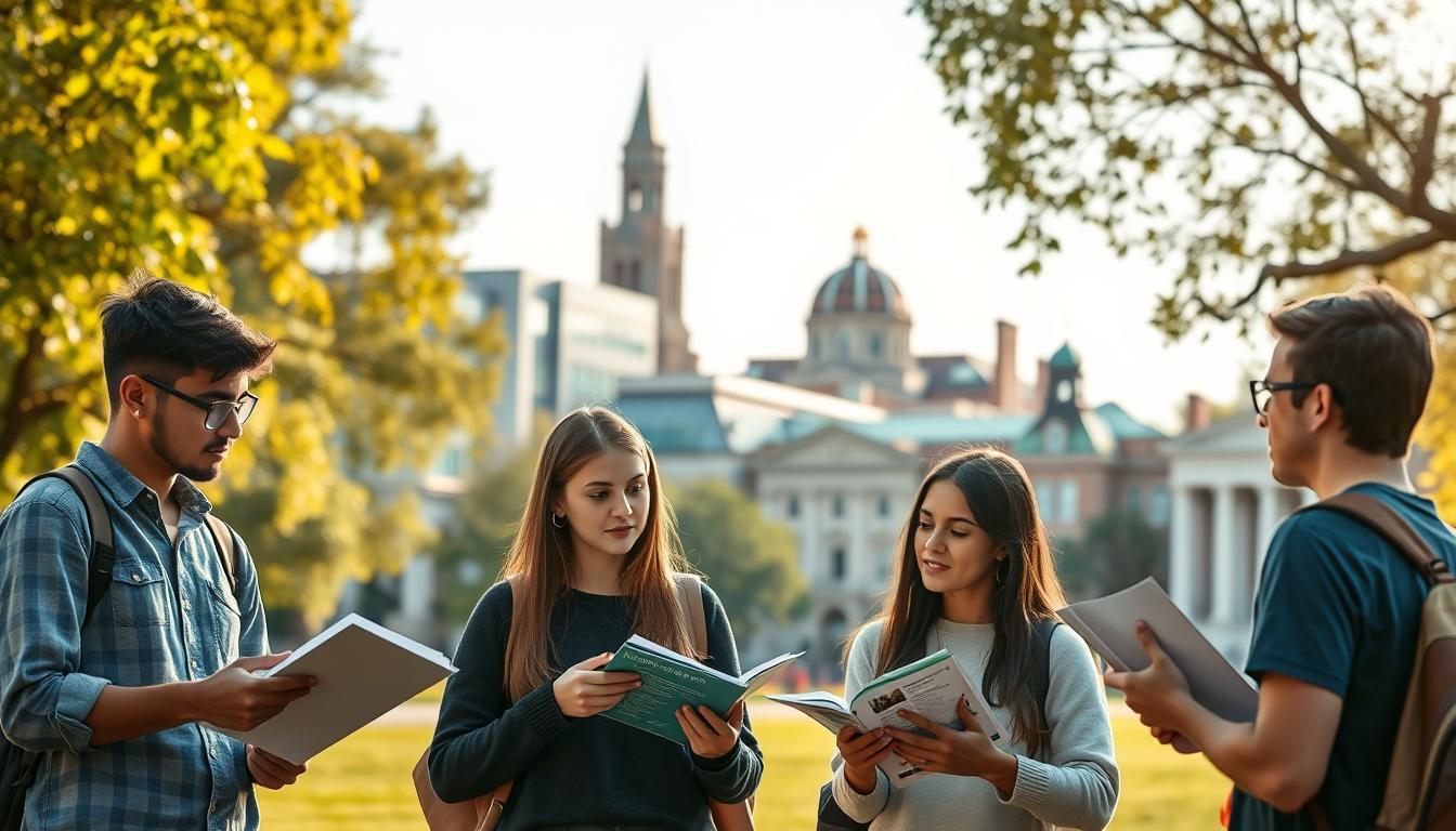 A serene university campus setting, with students engaged in thoughtful discussion about choosing their academic path. In the foreground, a group of young adults ponder course materials and brochures, their expressions reflecting the gravity of their decision. The middle ground features a diverse mix of architectural styles, from modern lecture halls to historic libraries, symbolizing the breadth of educational opportunities. The background is softly blurred, suggesting the vastness of possibilities beyond the immediate scene. Warm, natural lighting filters through the trees, creating a contemplative atmosphere. The overall composition conveys the importance of carefully selecting a field of study that aligns with one's passions and aspirations in the digital age.