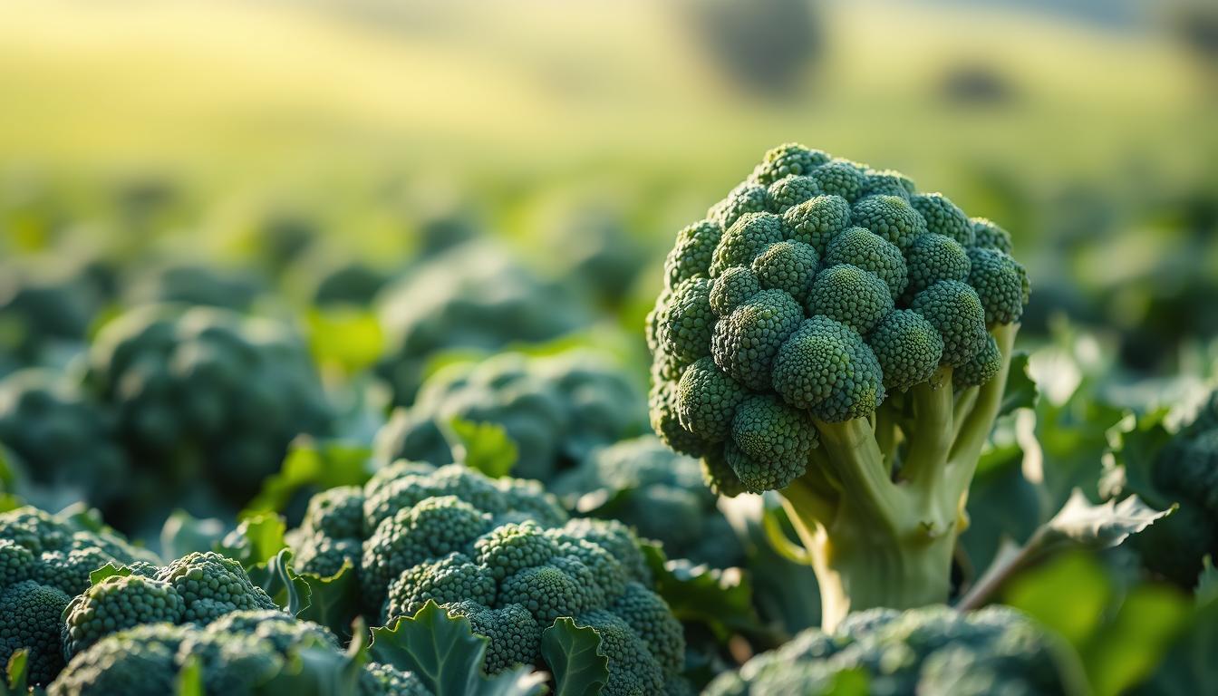 A lush, vibrant field of broccoli florets, their deep green hues shimmering under soft, diffused natural lighting. In the foreground, a single broccoli floret stands prominently, its intricate patterns and textures captured in striking detail. The middle ground features a scattering of additional broccoli pieces, arranged artfully to showcase their nutritional properties. In the background, a blurred, out-of-focus landscape suggests a serene, healthy setting. The overall composition conveys the vitality and health benefits of this versatile, anti-cancer superfood, perfectly suited to illustrate the "Brokoli dalam Diet Sehat" section.
