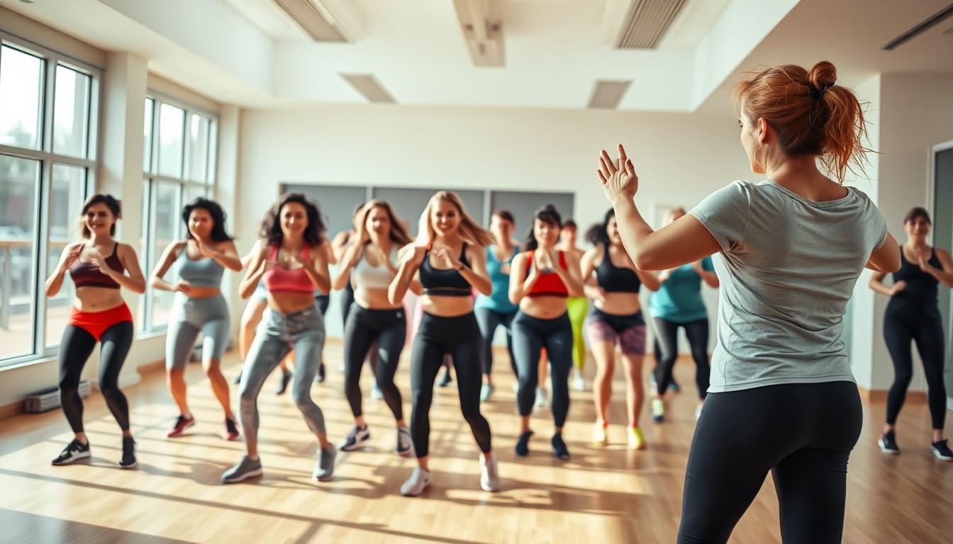 A well-lit, spacious gym interior with a vibrant aerobics class in progress. In the foreground, a group of people energetically performing various high-intensity moves, their bodies in motion, faces flushed with exertion. The instructor, leading the class from the front, is providing clear, motivating cues. The middle ground reveals a diverse mix of participants, ranging from beginners to seasoned fitness enthusiasts, all united in their pursuit of a healthy, active lifestyle. The background features a modern, minimalist design with large windows allowing natural light to flood the space, creating an airy, rejuvenating atmosphere. Subtle, upbeat music fills the air, adding to the lively, motivational ambiance of the scene.