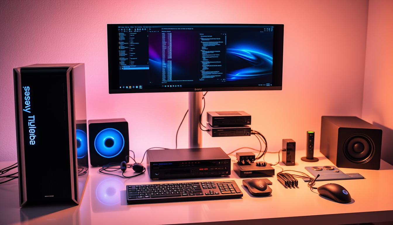 A futuristic computer hardware setup, featuring a sleek desktop tower, high-resolution monitor, and an array of peripheral devices arranged on a modern, minimalist workspace. The scene is bathed in warm, diffused lighting, creating a cozy and productive atmosphere. The composition emphasizes the harmony between the various components, suggesting an optimized and streamlined system. The overall design reflects a strategic approach to computer hardware selection and deployment, catering to the evolving needs of a thriving business.