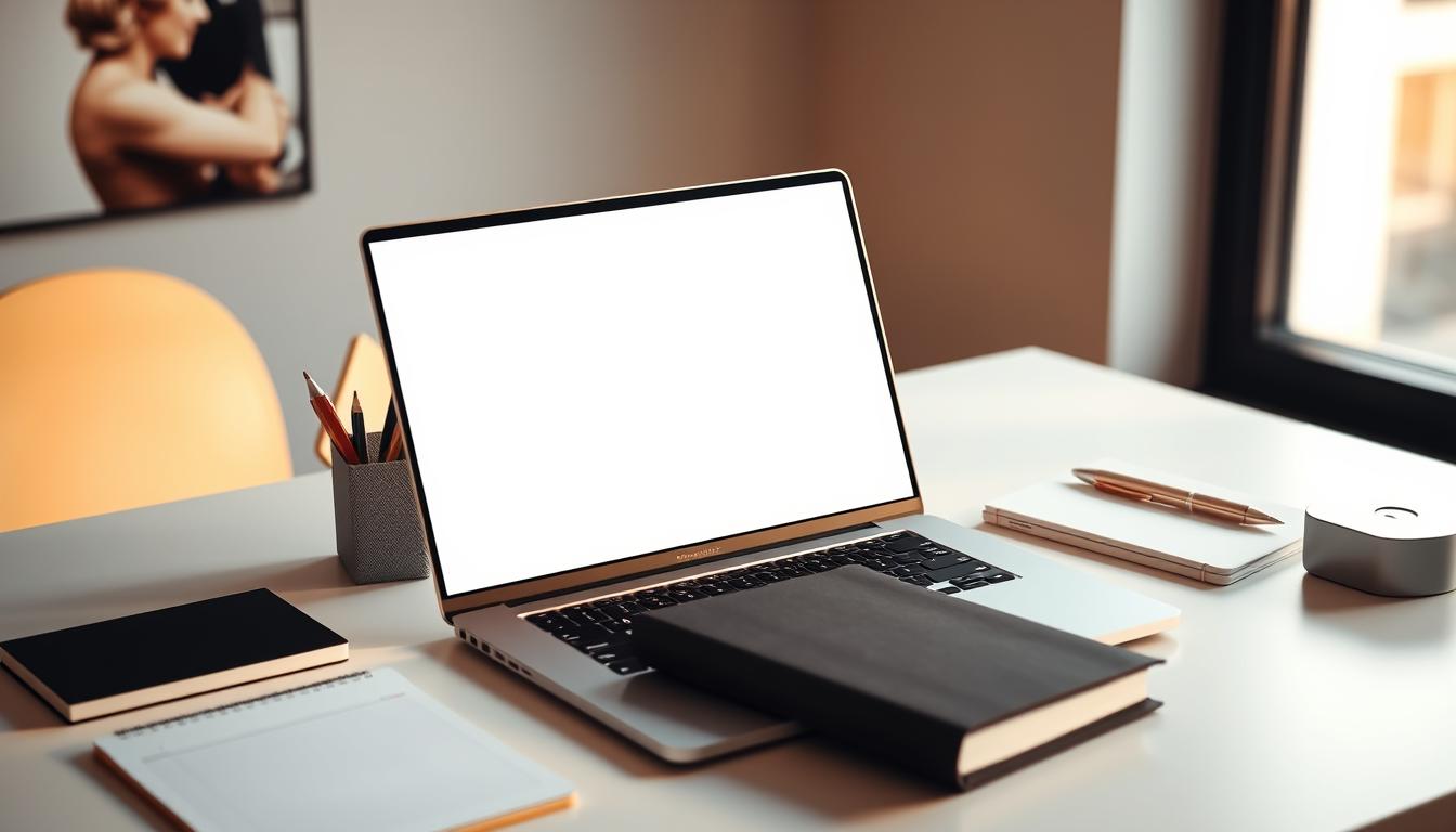 A professional-looking portfolio presentation with a laptop, notepad, and stationery arranged neatly on a minimalist desk. The laptop screen displays a simple mock-up design, conveying the idea of a dummy project. Warm, natural lighting from a nearby window casts a soft glow, creating a serene and productive atmosphere. The overall composition exudes a sense of organization, credibility, and attention to detail, reflecting the theme of building a professional portfolio and showcasing one's capabilities.