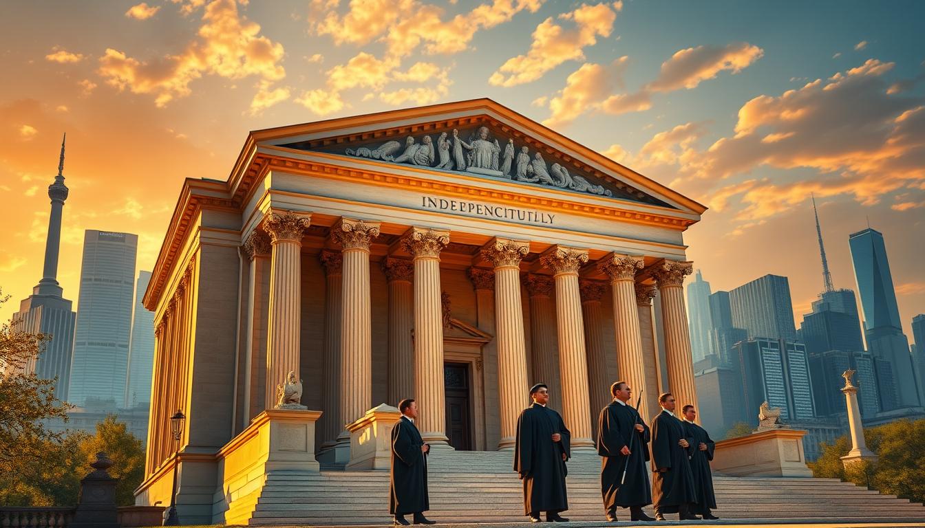 A grand and imposing courthouse stands tall, its neoclassical façade bathed in warm, golden light. The elegant columns and grand entryway convey a sense of gravitas and authority. In the foreground, a group of robed figures, representing the independent judiciary, deliberate on matters of the law, their expressions contemplative and resolute. The background features a striking cityscape, with towering skyscrapers and monuments that symbolize the broader socio-political landscape. The scene exudes a mood of solemn contemplation, reflecting the judicial branch's crucial role in upholding the principles enshrined within the constitution.