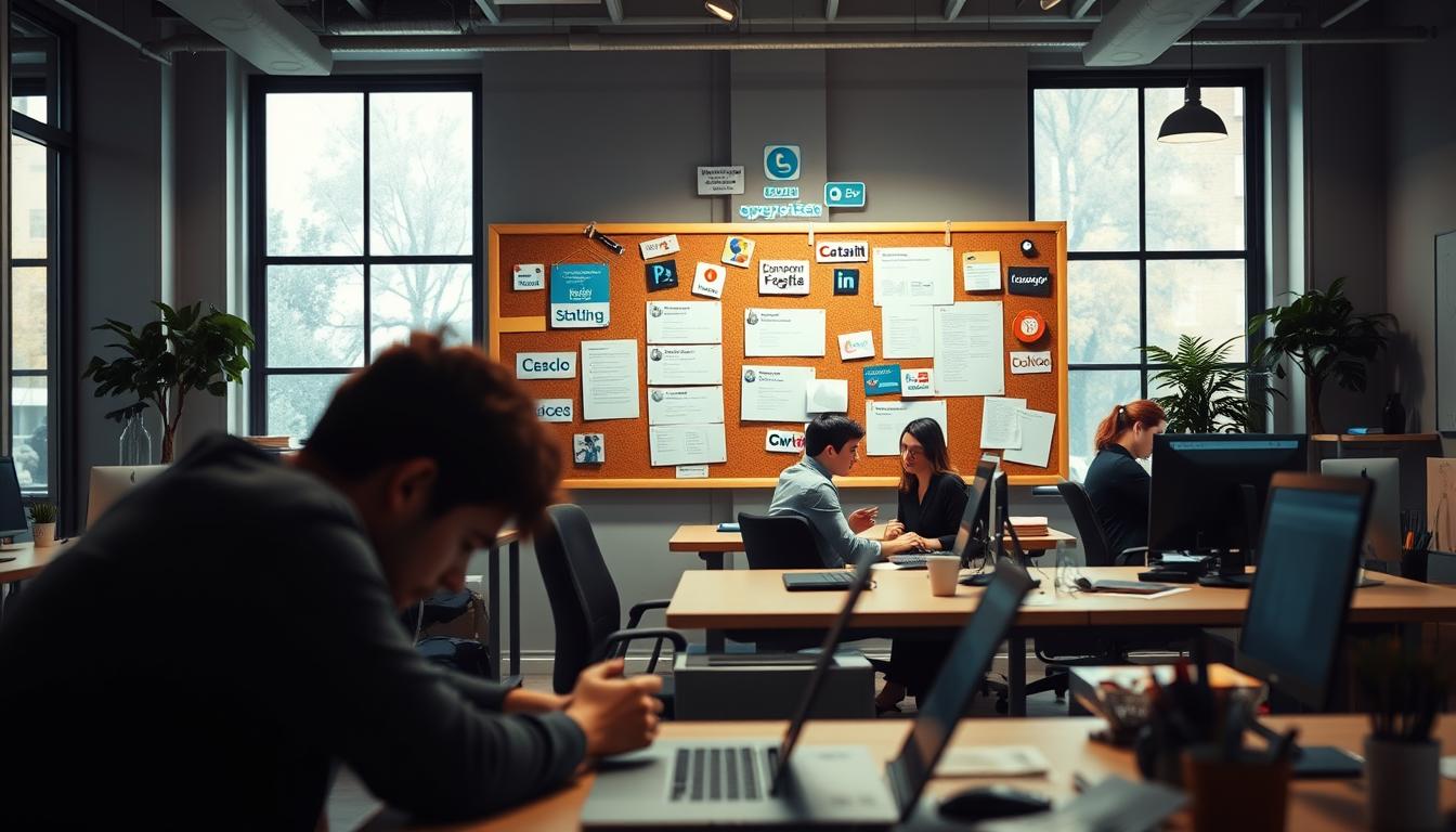 A bustling office scene, illuminated by warm, diffused lighting from large windows. In the foreground, a person hunched over a laptop, intently focused on their screen, representing the process of client outreach and pitching copywriting services. In the middle ground, a corkboard filled with social media icons, website logos, and client contact information, symbolizing the various digital platforms used to connect with potential customers. The background features additional workstations, with professionals collaborating and brainstorming, creating an atmosphere of productivity and strategic planning. The overall mood is one of a well-organized, technology-driven approach to building a successful copywriting business.