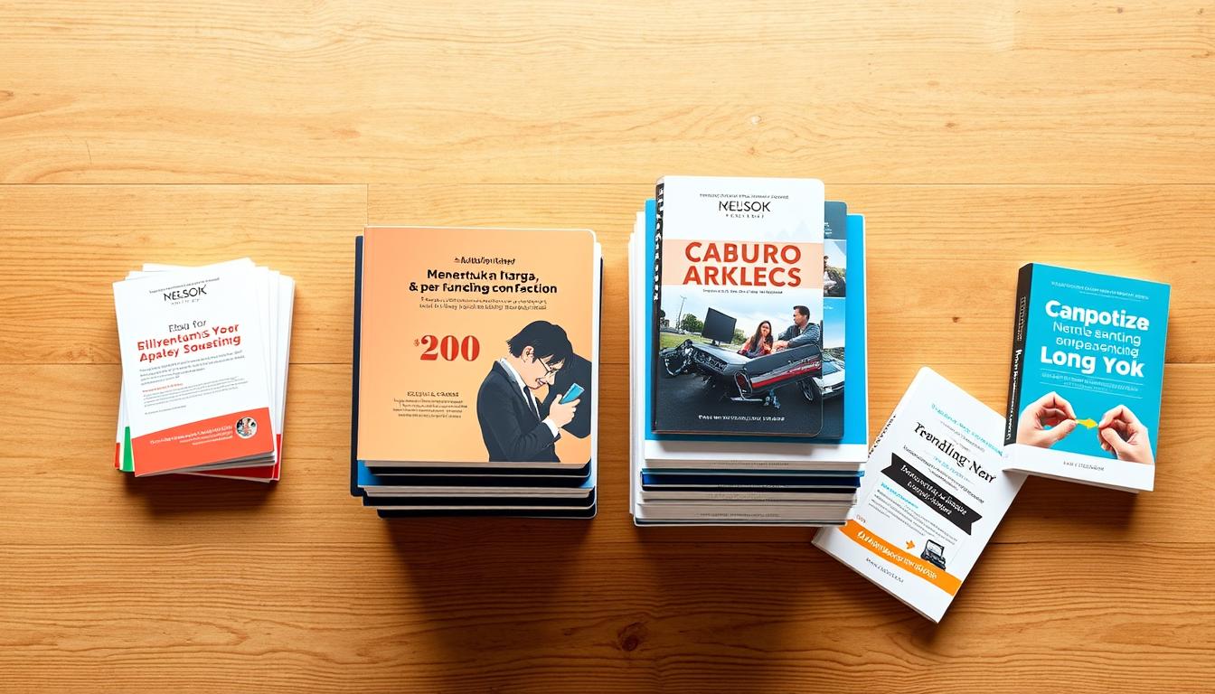 A well-lit, top-down view of a wooden tabletop displaying a stack of various ebooks, their digital covers prominently showcased. The ebooks are arranged in an organized, visually appealing manner, with a few slightly angled to create depth and visual interest. The background is a clean, minimalist setting, allowing the ebooks to be the central focus. The lighting is soft and diffused, creating a professional, high-quality appearance. The overall mood is one of thoughtfulness and careful consideration, reflecting the subject of &quot;Menentukan Harga, Diskon, dan Bundling yang Cerdas&quot;.