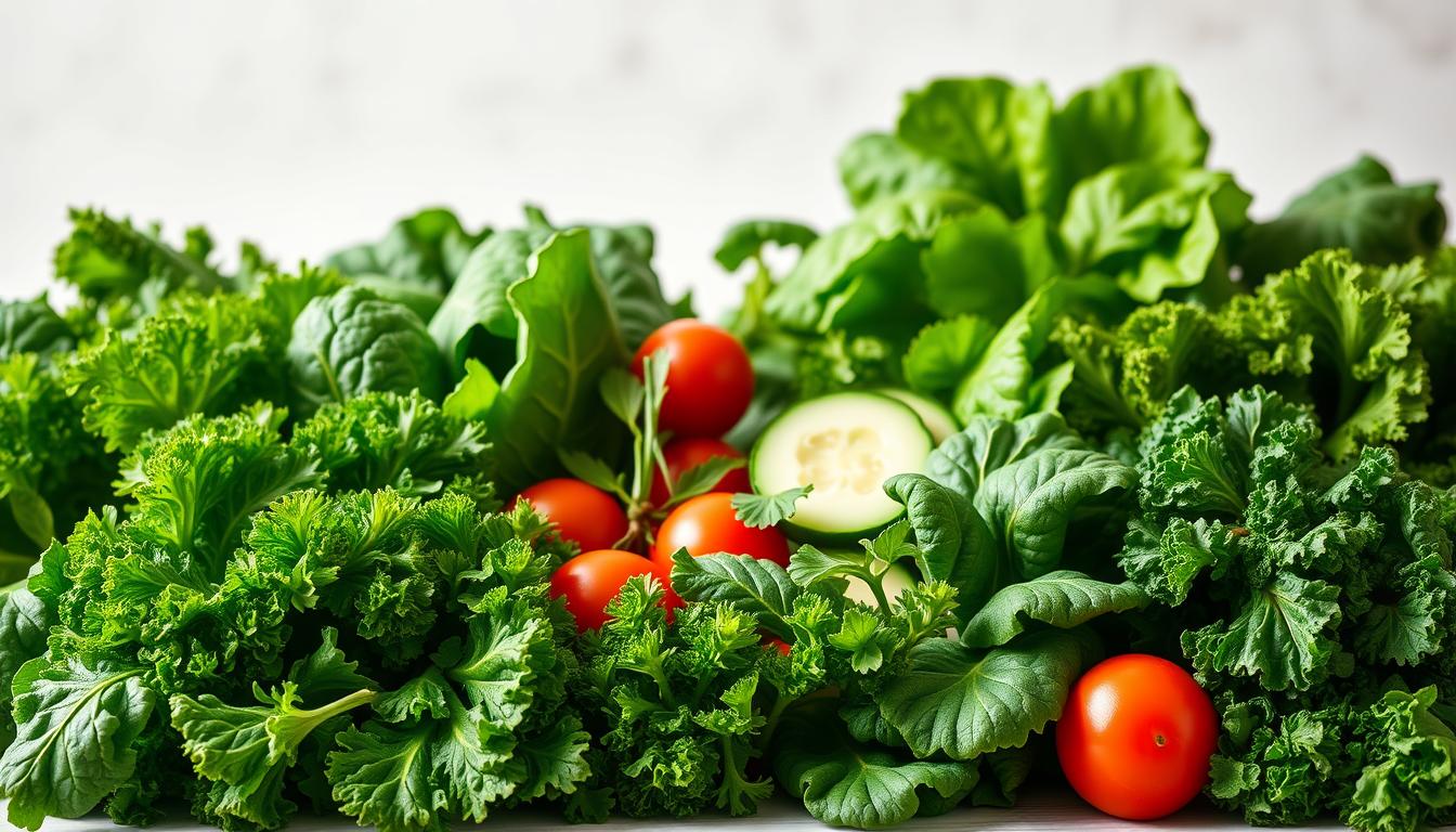 A vibrant, high-resolution image of an assortment of fresh, green leafy vegetables arranged in a visually appealing display. The foreground features a variety of kale, spinach, Swiss chard, and collard greens, their crisp, nutrient-dense leaves illuminated by soft, natural lighting. The middle ground showcases some sliced cucumbers, cherry tomatoes, and a few sprigs of fresh herbs, creating a complementary color palette. The background subtly blurs into a clean, minimalist setting, allowing the vegetables to take center stage. The overall composition conveys a sense of health, vitality, and the potential benefits of incorporating these green superfoods into one's diet.