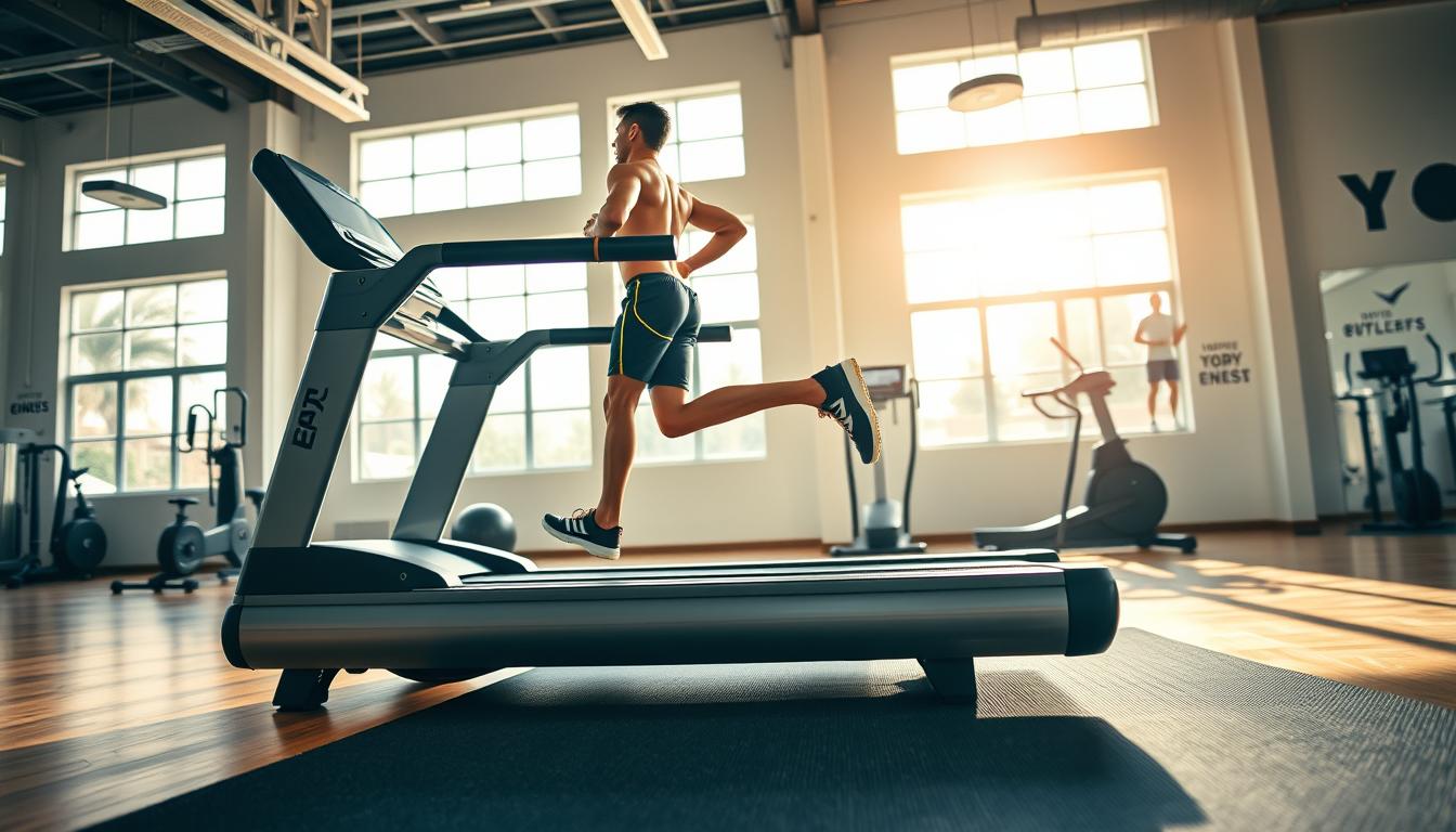 A well-lit indoor gymnasium with a professional-grade treadmill in the foreground. The treadmill is positioned on a soft rubber mat, with adjustable handrails and a large display screen. The athlete is running on the treadmill, their form and posture demonstrating proper safety techniques. The background features windows letting in natural light, with exercise equipment and motivational wall decals visible. The overall scene conveys a safe, controlled, and comfortable environment for cardiovascular training, suitable for a fitness article on treadmill usage.