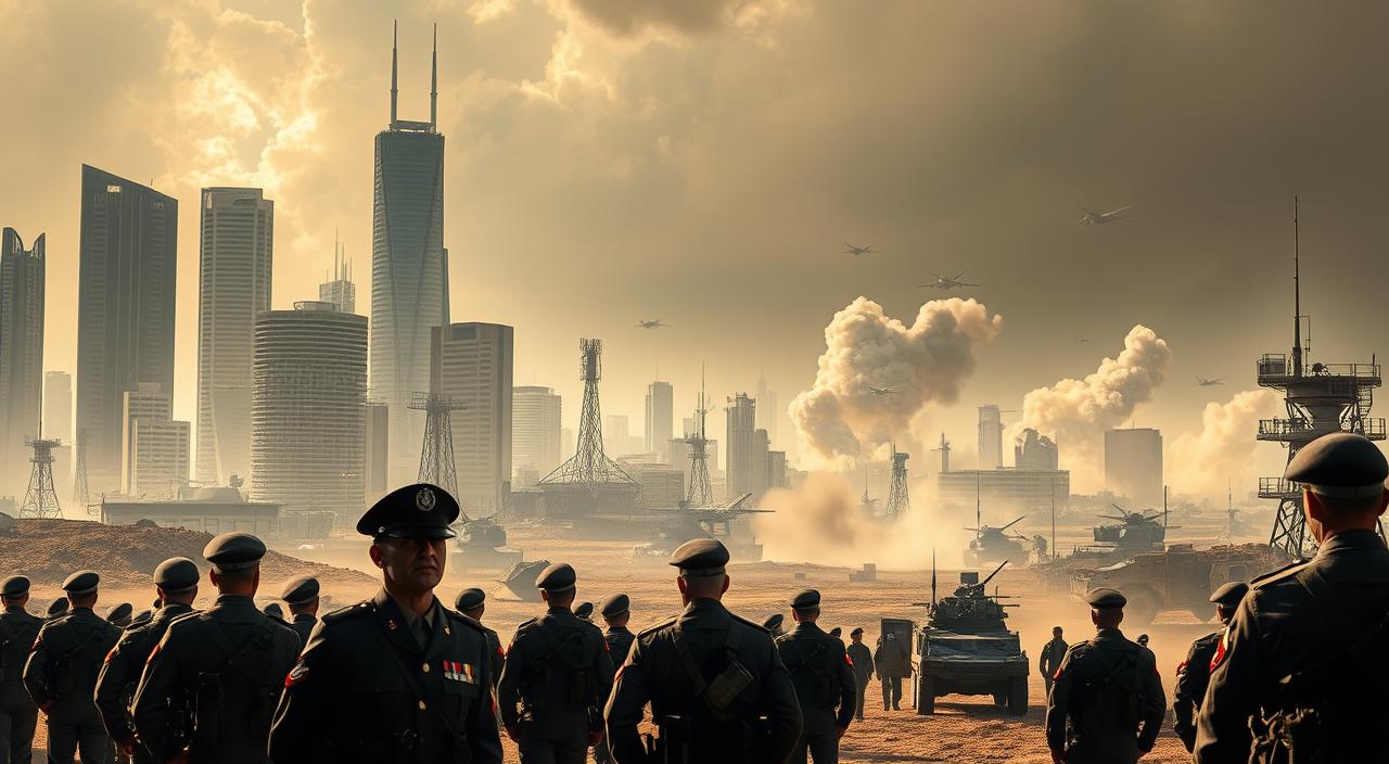A tense geopolitical landscape unfolds against a backdrop of towering skyscrapers and military installations. In the foreground, uniformed figures stand vigilant, their faces cast in a serious expression as they survey the scene. The middle ground is dominated by symbols of power - armored vehicles, radar arrays, and aircraft on high alert. In the distance, plumes of smoke rise, hinting at the underlying tensions that simmer just beneath the surface. The lighting is dramatic, casting deep shadows and highlighting the stark contrasts of this volatile environment. A wide-angle lens captures the full scope of this regional security concern, conveying a sense of unease and the potential for escalation.