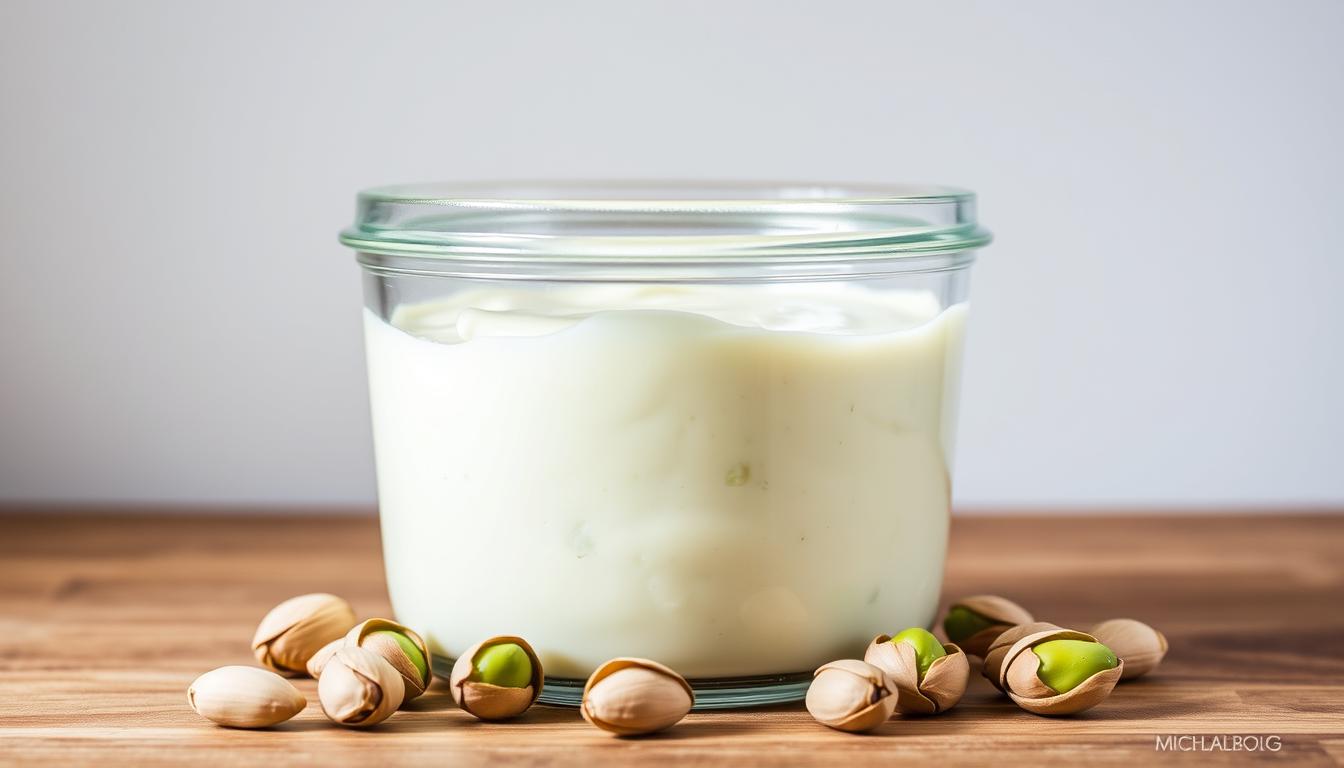 A glass storage container filled with homemade pistachio cream, its creamy surface glistening under soft, diffused lighting. The container rests on a wooden surface, surrounded by a few whole pistachios, their shells cracked open to reveal the vibrant green nuts. The background is a plain, neutral-colored wall, allowing the storage container and its contents to be the focal point. The overall scene conveys a sense of rustic simplicity and culinary craftsmanship, perfectly suited for showcasing the proper storage of this homemade delicacy.
