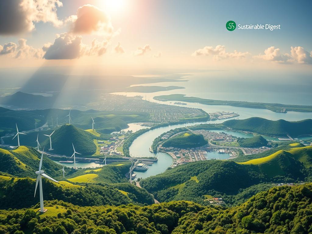 A panoramic vista of global progress on sustainable development. In the foreground, lush green landscapes dotted with renewable energy installations - wind turbines, solar arrays, and hydroelectric dams. In the middle ground, bustling cities with eco-friendly architecture and electric transport networks. In the background, pristine wilderness and thriving marine ecosystems. Warm, golden sunlight filters through wispy clouds, casting a hopeful glow over the scene. The Sustainable Digest logo hovers subtly in the corner, a testament to the positive transformation underway worldwide.