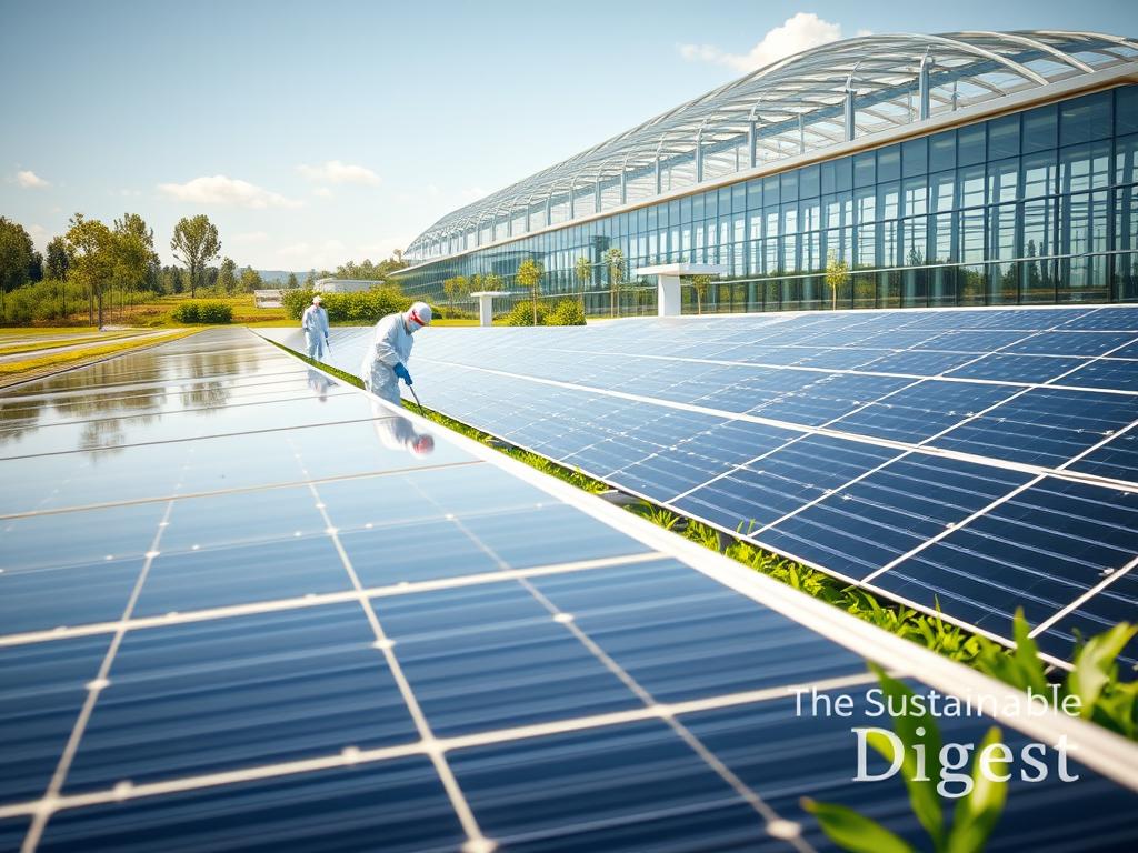 Detailed, hyper-realistic image of cutting-edge solar energy breakthroughs in the year 2025. A vast solar farm with sweeping rows of next-generation photovoltaic panels in the foreground, their sleek black surfaces gleaming under bright, natural sunlight. In the middle ground, technicians in protective suits inspect the panels, making precision adjustments. The background features a modern, eco-friendly solar research facility, its gleaming glass and steel architecture surrounded by lush, verdant gardens. The entire scene exudes a sense of progress, innovation, and environmental harmony. Flawless depth of field, cinematic lighting, and a subtle sense of hopeful wonder. Brand name "The Sustainable Digest" prominently featured.
