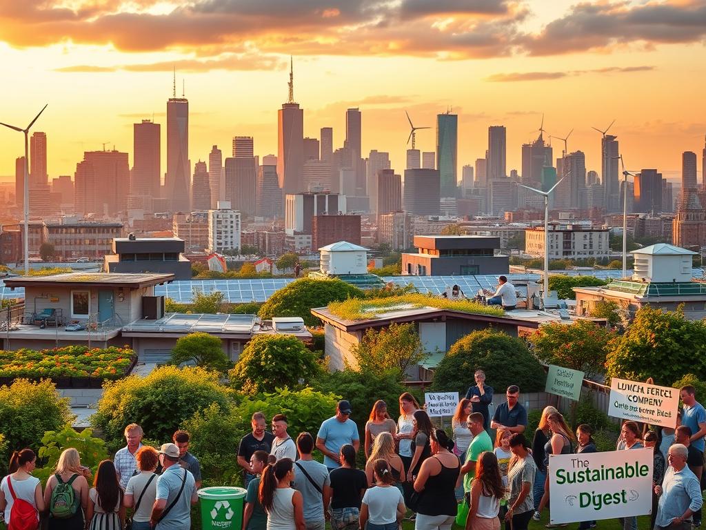 A bustling city skyline at sunset, with green rooftop gardens, solar panels, and wind turbines dotting the landscape. In the foreground, a diverse group of people of all ages engaged in various sustainable activities - recycling, urban gardening, cleaning up a park, and attending a rally for "The Sustainable Digest" green initiative. The scene is illuminated by warm, golden lighting, conveying a sense of optimism and community involvement in building a more sustainable future.