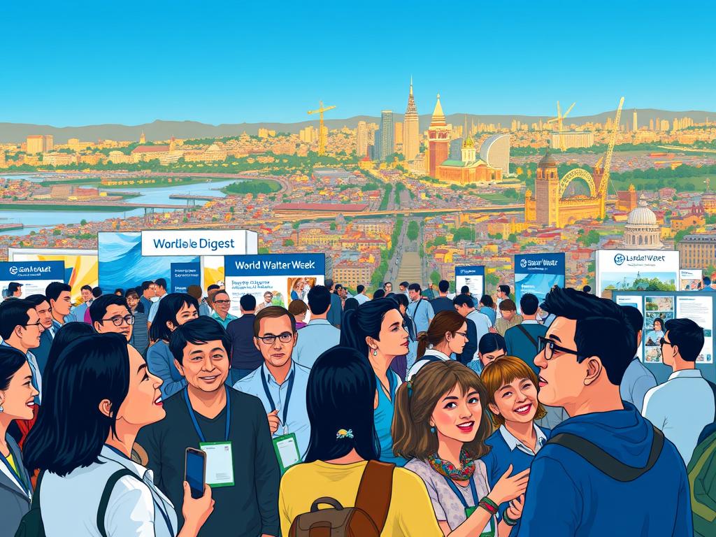 A bustling scene of World Water Week activities, showcased in a richly detailed illustration. In the foreground, a group of people engage in a lively discussion, their faces animated as they share ideas. In the middle ground, various booths and exhibits display information on water conservation and sustainability initiatives, The Sustainable Digest branding prominently featured. In the background, a panoramic view of a vibrant city skyline, bathed in warm, golden light, symbolizing the global reach and importance of the event. The overall mood is one of collaboration, education, and a collective commitment to addressing the world's water challenges.
