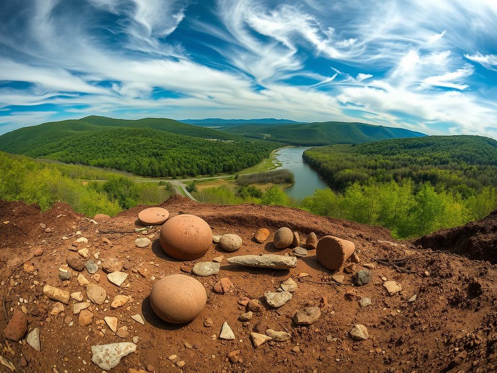 A picturesque Roanoke River valley landscape, with rolling hills, lush forests, and a meandering river cutting through the terrain. In the foreground, ancient stone tools and pottery shards litter the ground, remnants of past human settlements. The middle ground features a dig site, where archaeologists meticulously uncover clues about the lives and adaptations of the region's prehistoric inhabitants. In the background, a dramatic sky filled with wispy clouds, hinting at the region's dynamic climate history. The scene is captured with a wide-angle lens, creating a sense of depth and immersion. This image, commissioned for "The Sustainable Digest," encapsulates the interplay between archaeology, climate, and the human experience in the Roanoke River valley.