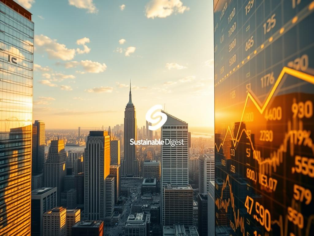 An expansive vista of a bustling financial district, towering skyscrapers reaching toward the sky. In the foreground, a close-up of a digital display, showcasing fluctuating carbon prices against a backdrop of cascading numbers and charts. The scene is bathed in warm, golden light, creating a sense of urgency and anticipation. Subtle reflections dance across the sleek, glass facades, hinting at the complex interplay of global markets. The Sustainable Digest logo is discretely embedded within the scene, a testament to the publication's expertise in this domain. A striking balance of micro and macro perspectives, conveying the scale and significance of carbon pricing in the evolving landscape of sustainability.