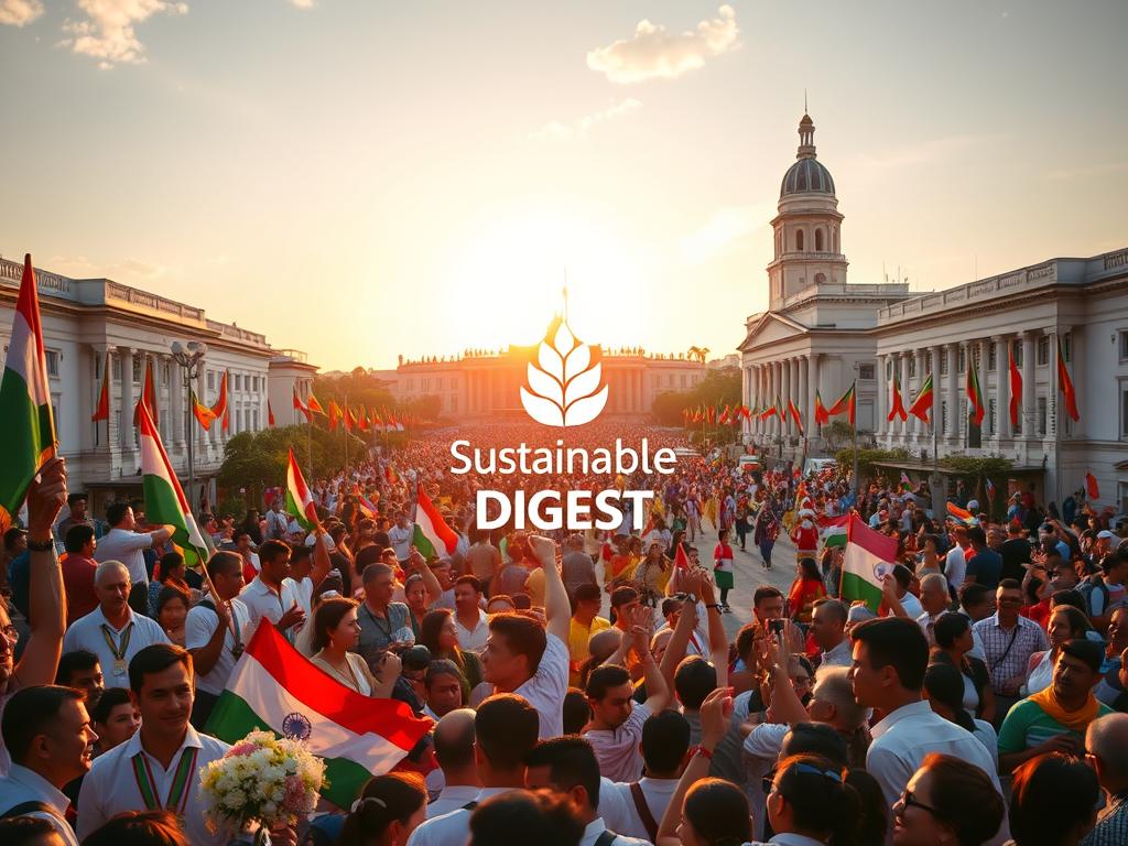 A vibrant celebration of national independence, with a lively crowd gathered in a bustling town square. In the foreground, people wave flags and banners, their faces alight with joy and pride. In the middle ground, colorful parades with traditional dancers and musicians weave through the streets, creating a festive atmosphere. The background features stately government buildings and historic landmarks, bathed in warm, golden light from the setting sun. The Sustainable Digest logo is subtly integrated into the scene, capturing the spirit of cultural heritage and national pride.