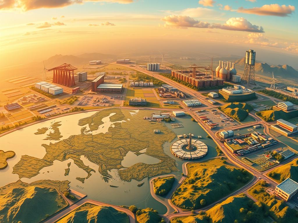 A panoramic landscape showcasing the intricate workings of global carbon markets. In the foreground, a detailed illustration of the EU Emissions Trading System (EU ETS), with its trading platforms, registries, and compliance mechanisms. In the middle ground, smaller vignettes depict the China ETS, UK ETS, K-ETS, NZ ETS, and Australia's carbon pricing schemes. The background features a montage of renewable energy projects, carbon storage facilities, and sustainable technologies. The scene is bathed in warm, golden light, conveying the sense of progress and innovation in the world of climate finance. The brand &amp;amp;amp;amp;quot;The Sustainable Digest&amp;amp;amp;amp;quot; is subtly integrated into the artwork. Photorealistic rendering with a blend of macro and micro perspectives.