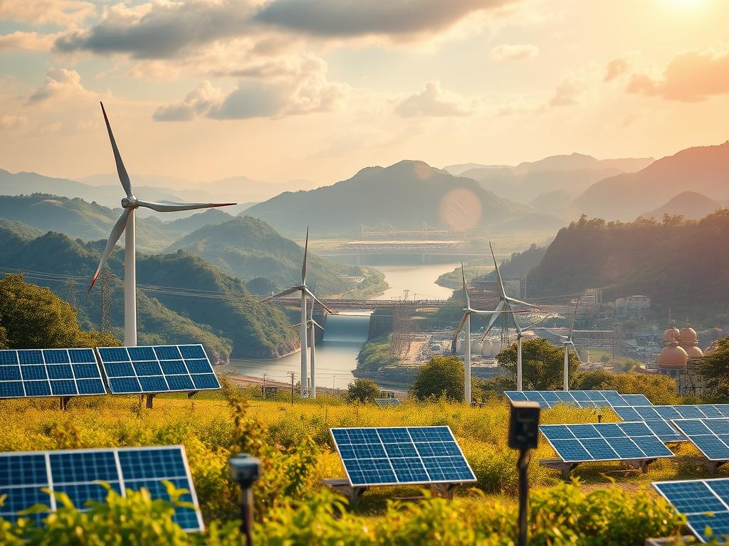 A vibrant composition depicting affordable renewable energy sensors in a sustainable Global South setting. In the foreground, compact solar panels and wind turbines power a network of networked IoT sensors monitoring environmental data. The middle ground showcases a diverse array of green technology, from hydroelectric dams to biofuel refineries, all set against a backdrop of lush, verdant landscapes. Warm, diffused lighting and a lens flare effect evoke a sense of progress and optimism. This scene embodies the spirit of "Ozone Layer Peace Democracy World Cleanup Science Tech Innovation Global South" and the 1st Day of National Hispanic Heritage Month's focus on sustainability, as featured in The Sustainable Digest.