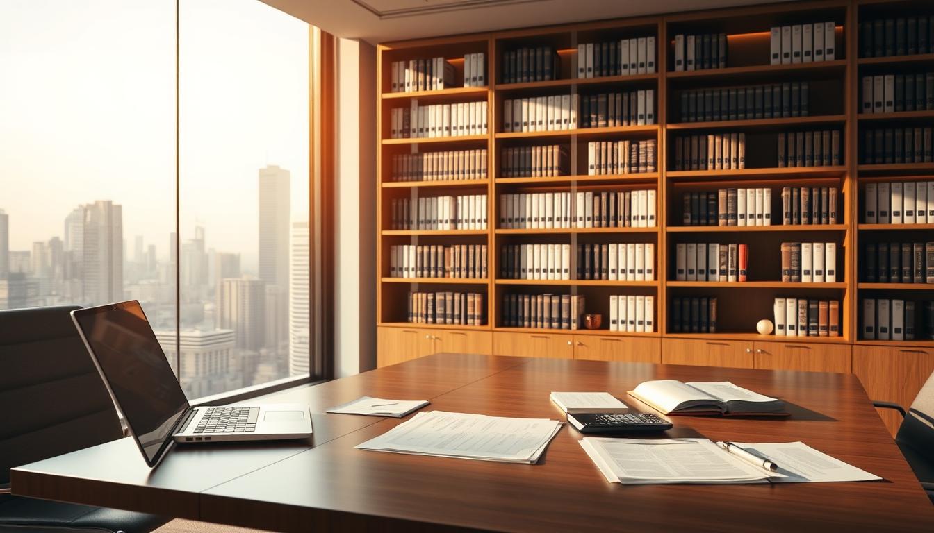 A minimalist and elegant corporate office setting, with a large desk in the foreground featuring a laptop, calculator, and neatly organized papers. In the middle ground, a bookshelf filled with finance and accounting textbooks, casting warm, directional lighting across the scene. The background features a panoramic window overlooking a bustling cityscape, conveying a sense of professionalism and expertise. The overall mood is one of productivity, efficiency, and the benefits of professional corporate finance guidance.