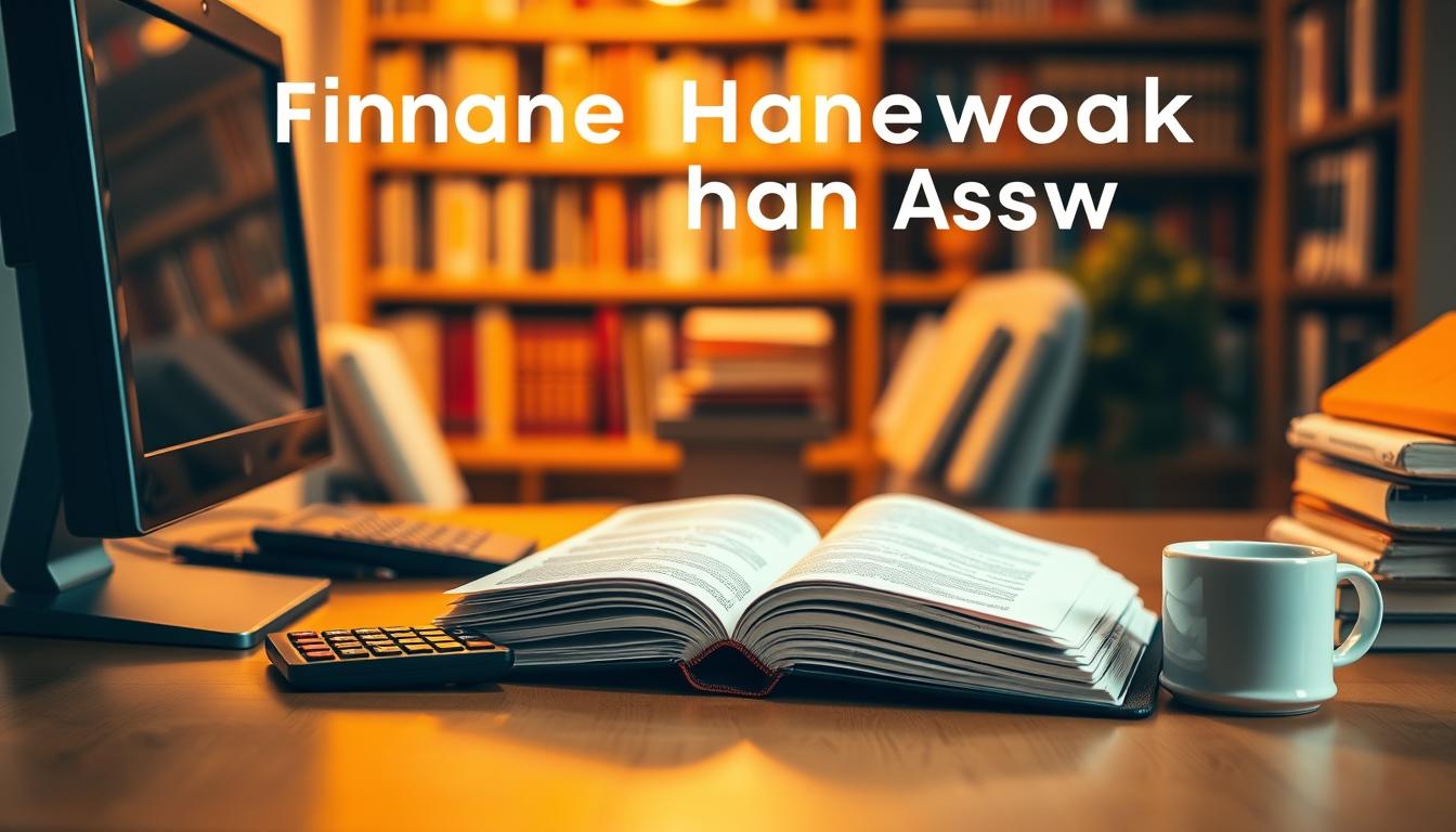 A cozy study nook with a well-organized desk, illuminated by warm, focused lighting. On the desk, an open finance textbook, a calculator, and a stack of neatly arranged papers symbolizing homework. A desktop computer and a cup of coffee create a productive academic atmosphere. The background features a warm-toned, blurred bookshelf, hinting at the breadth of knowledge available. The scene conveys a sense of determination and diligence, reflecting the importance of dedicated finance homework assistance.