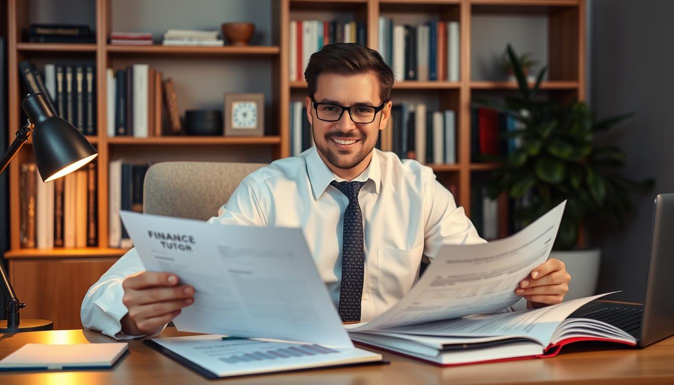 A professional-looking finance tutor sitting at a desk, intently reviewing financial documents and textbooks. The scene is set in a cozy, well-lit home office, with warm lighting from a desk lamp casting a soft glow. The tutor's expression conveys expertise and a willingness to help. In the background, a bookshelf lined with finance-related books and a potted plant add depth and a sense of professionalism. The overall mood is one of trust, reliability, and a dedication to providing quality finance homework assistance.