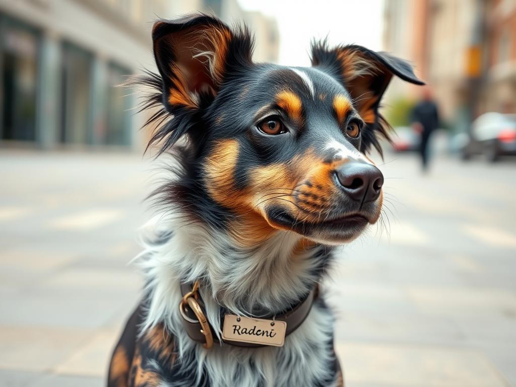 Un chien au pelage unique avec un nom de chien original sur son médaillon