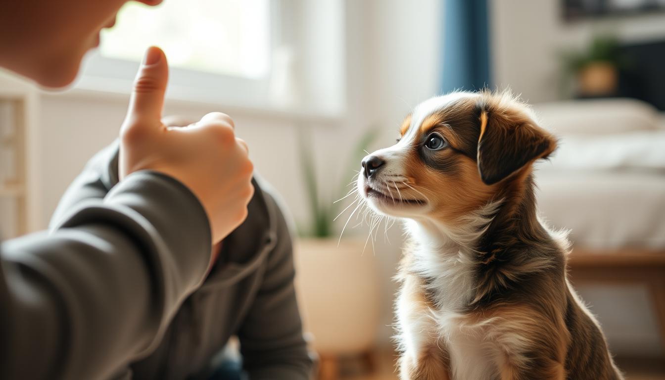 Un propriétaire testant différents noms de chien avec son chiot attentif