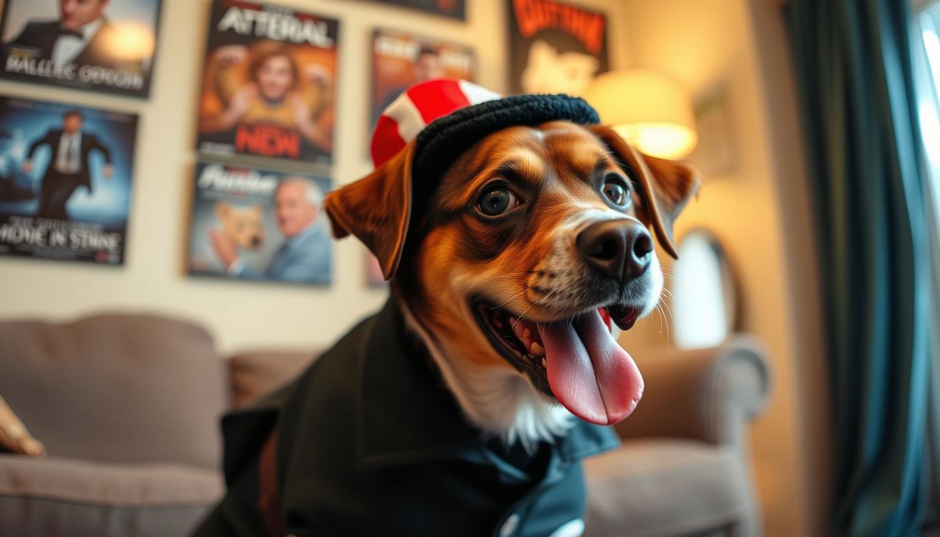 Un chien portant un accessoire rappelant un personnage célèbre, illustrant les noms de chien inspirés par des célébrités