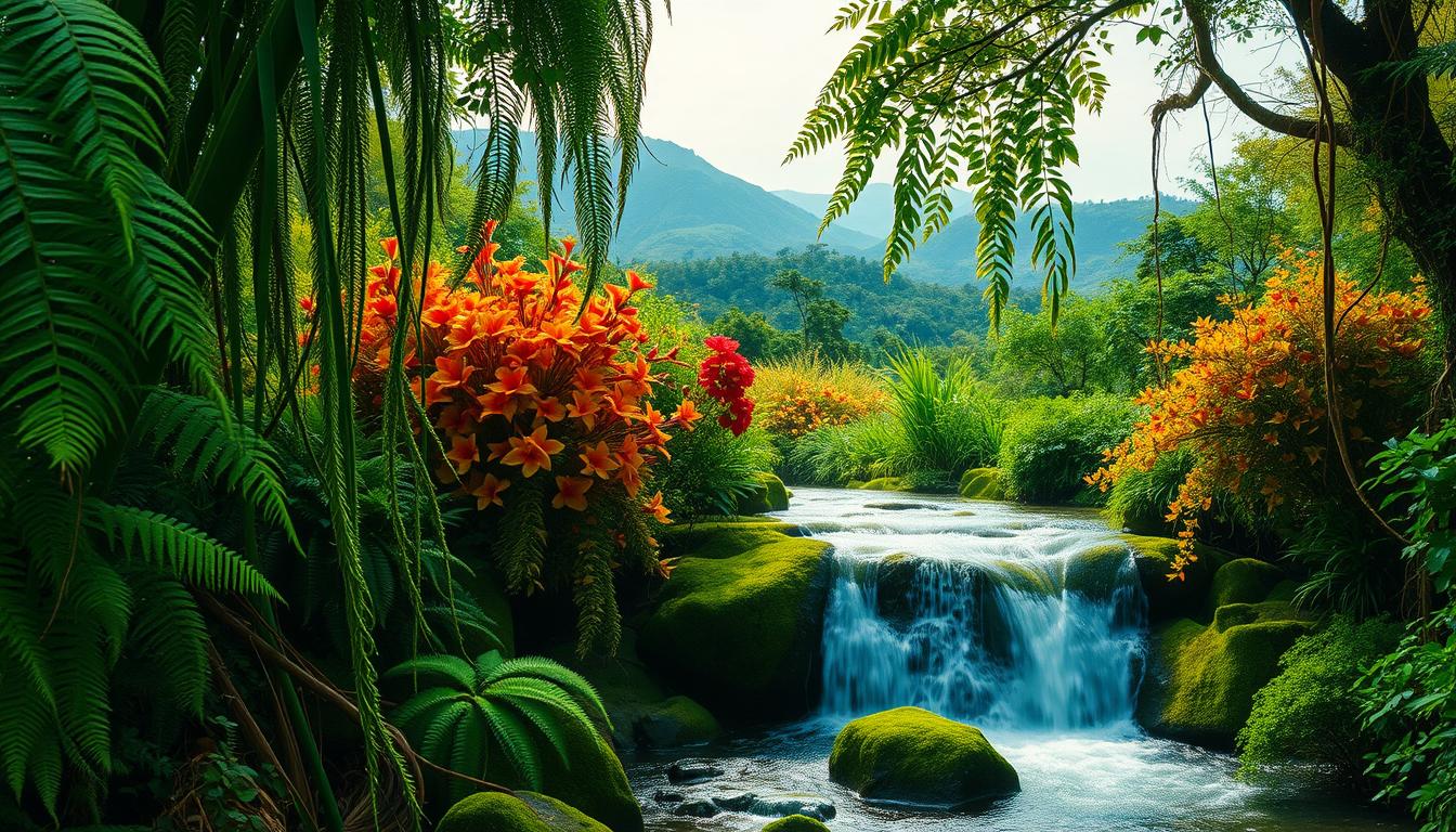 A lush, verdant landscape with vibrant, harmonious hues. In the foreground, a cascading waterfall tumbles over mossy rocks, its shimmering waters reflecting the surrounding foliage. Tall, swaying ferns and trailing vines frame the scene, their shades of green blending seamlessly. In the middle ground, a cluster of flowering plants burst with warm, analogous tones - deep reds, oranges, and golden yellows, complementing the cooler greens. The background features rolling hills and distant mountains, their silhouettes bathed in a soft, diffused light that casts a serene, ethereal atmosphere over the entire composition.