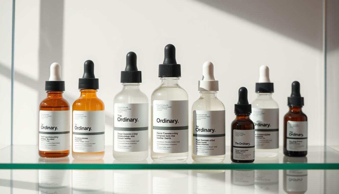 A pristine glass display showcases an elegant arrangement of The Ordinary's signature serum bottles. Soft, natural lighting illuminates the minimalist, monochromatic packaging, highlighting the clean, clinical aesthetic. The serums are meticulously positioned, conveying a sense of precision and order. The background features a simple, neutral backdrop, allowing the products to take center stage. The overall composition exudes a sense of sophistication, scientific rigor, and a commitment to skincare efficacy - hallmarks of The Ordinary's unique approach to formulations.