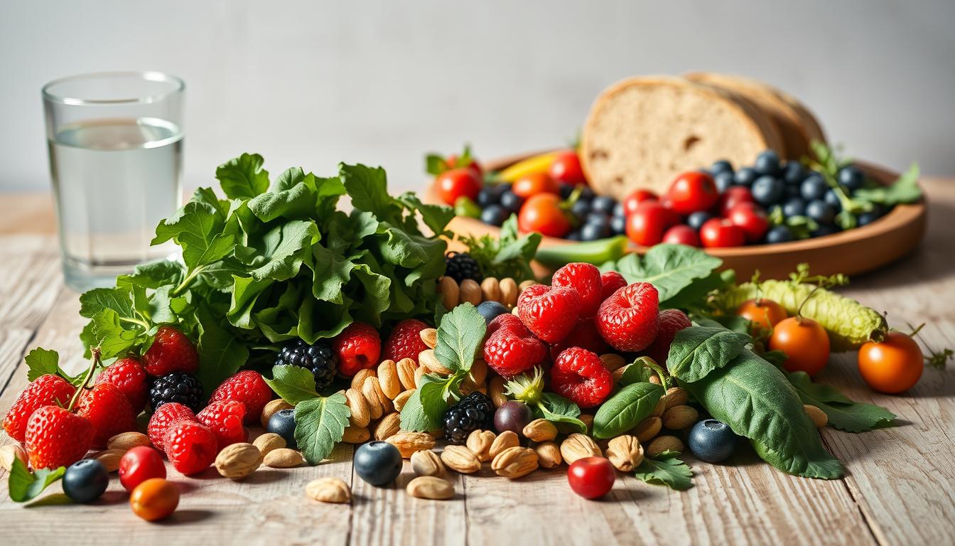 A minimalist, balanced still life depicting a selection of wholesome, nutrient-rich foods arranged in a harmonious composition. In the foreground, a variety of fresh fruits and vegetables - crisp greens, vibrant berries, and crunchy nuts - are elegantly displayed on a rustic wooden table. The middle ground features a glass of clear water and a plate of whole grain bread, conveying a sense of simplicity and purity. Soft, natural lighting gently illuminates the scene, casting subtle shadows and highlighting the inherent beauty of the ingredients. The overall mood is one of tranquility, wellness, and a deep appreciation for the nourishing power of a balanced, plant-based diet.