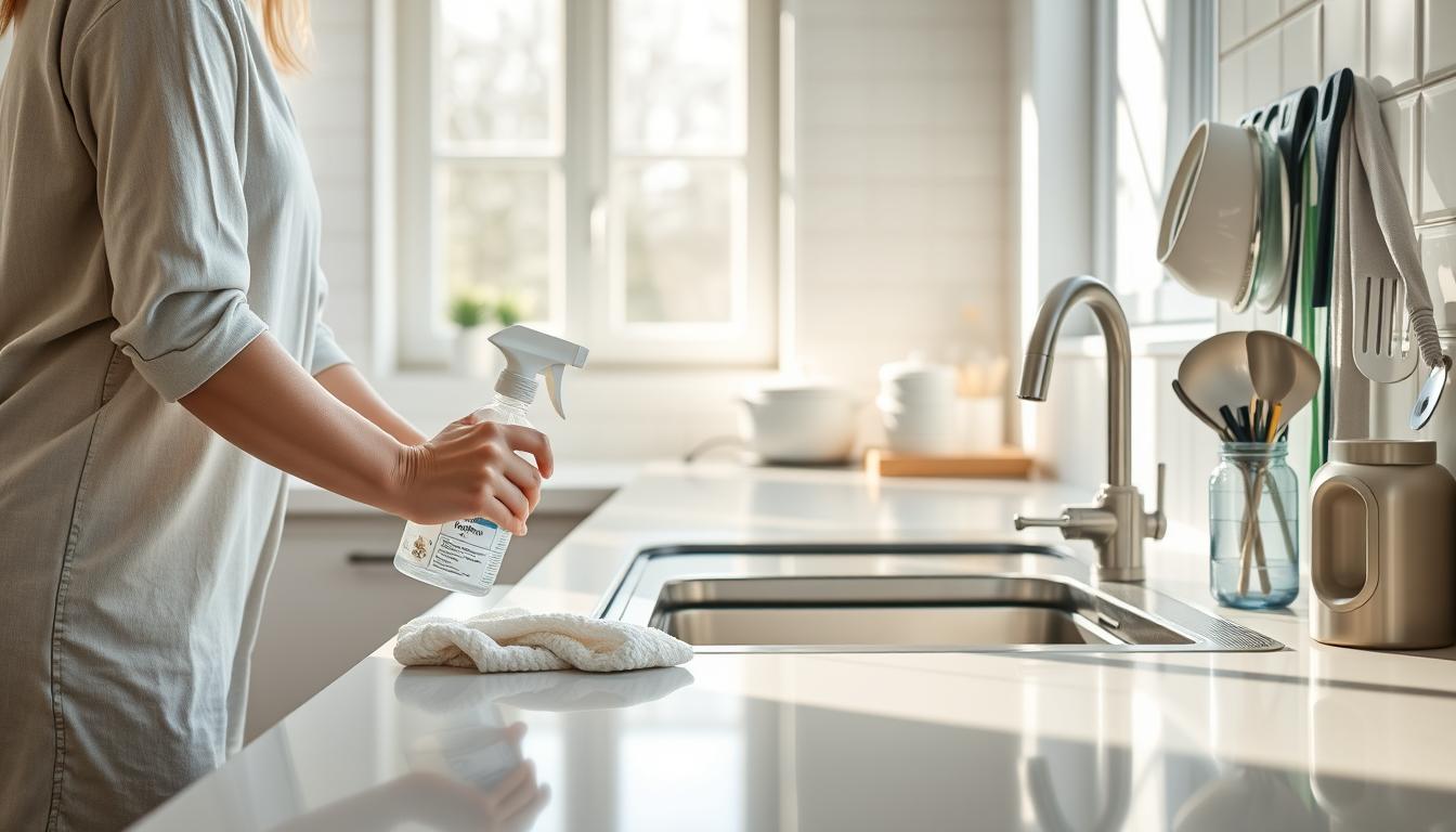 A bright and clean kitchen setting that illustrates the process of sanitizing shared household surfaces and tools. In the foreground, a person in modest casual clothing is carefully wiping down a countertop with a disinfecting spray and cloth, demonstrating attention to detail. The middle ground features a shining sink and organized dishware, emphasizing cleanliness. In the background, natural light streams through a window, creating a warm and inviting atmosphere. Soft shadows enhance the depth of the scene, while the overall mood conveys a sense of safety and responsibility in home hygiene practices. The image should be focused and clear, with a balanced composition that highlights the importance of disinfection without any distractions or text overlays.