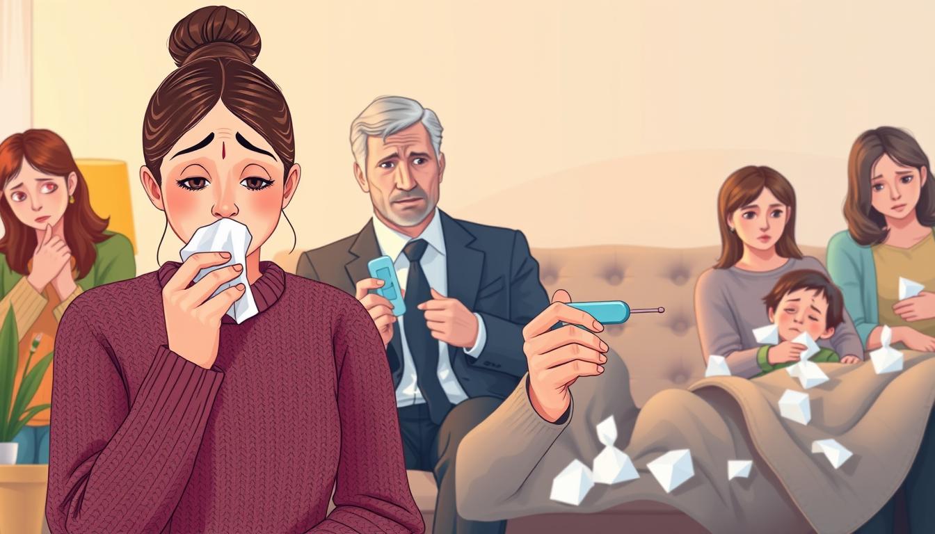 A detailed illustration of influenza symptoms, featuring a diverse group of people showcasing various signs of illness. In the foreground, a young woman in a cozy sweater visibly sneezes into a tissue, conveying her discomfort, while a middle-aged man in a business suit holds a thermometer, looking concerned. The middle ground includes a child with a light fever, lounging on a couch surrounded by tissues and a warm blanket. In the background, a softly-lit living room with warm colors evokes a comforting, yet somber atmosphere. The focus is on the expressions of discomfort and fatigue. The lighting should be soft, with a slight warm glow to create a relatable and empathetic mood. Emphasize warm tones and natural textures to enhance the feeling of a home setting.