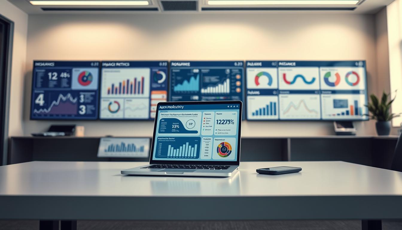 A high-tech office setting with a modern, minimalist aesthetic. On a sleek desk, a laptop display shows various productivity metrics and key performance indicators (KPIs) for an insurance agent, including daily Medicare Leads, sales figures, client retention rates, and more. In the background, a large wall-mounted display board showcases additional data visualizations and analytics related to agent productivity. The lighting is soft and indirect, creating a focused, professional atmosphere. The camera angle is slightly elevated, giving a comprehensive view of the workspace and the data insights it contains.