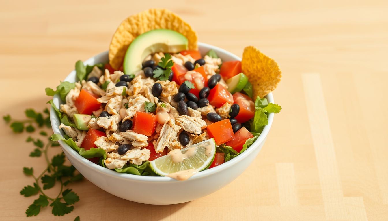Southwestern chicken salad on a light wooden table, with a fresh, vibrant appearance. In the foreground, a large bowl filled with shredded grilled chicken, mixed greens, diced tomatoes, sliced avocado, black beans, and a tangy, creamy dressing. Surrounding the bowl, sprinkle of cilantro and a wedge of lime for garnish. In the middle ground, a crisp, golden-brown tortilla chip leaning against the bowl, adding texture and a Mexican-inspired touch. The background features a plain, warm-toned wooden surface, allowing the colorful salad to take center stage. Bright, natural lighting casts soft shadows, enhancing the dish's freshness and appeal. The overall composition conveys a healthy, flavorful, and visually enticing Southwestern-style chicken salad.