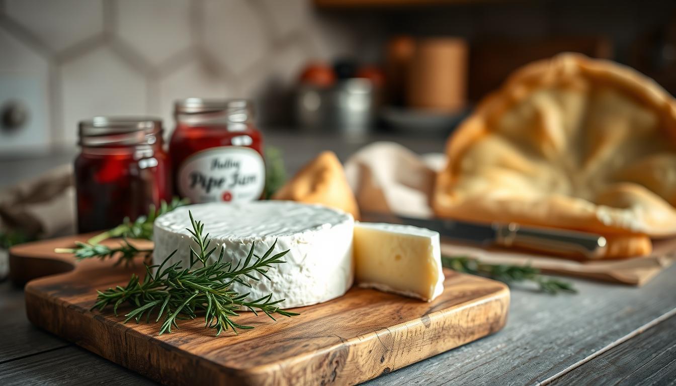 A beautifully lit still life of essential ingredients for baked Brie, shot from a high angle with a shallow depth of field. In the foreground, a round wheel of creamy Brie cheese sits on a rustic wooden board, surrounded by sprigs of fresh thyme and rosemary. In the middle ground, a jar of ruby-red jam and a flaky, golden-brown puff pastry sheet are arranged, hinting at the delicious dish to come. The background features a soft, blurred scene of a cozy kitchen, with muted tones and warm lighting, creating a inviting and homey atmosphere.