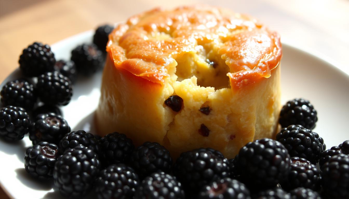 A warm, golden-brown traditional British suet pudding, freshly steamed and glistening, sits atop a white porcelain plate. The pudding's exterior has a delicate, crisp crust, while the interior is moist and fluffy, with visible bits of suet dispersed throughout. Surrounding the pudding are freshly picked blackberries, their deep purple hues contrasting beautifully with the pale-colored pastry. The lighting is soft and natural, casting gentle shadows that highlight the textural details of the dish. The scene is captured from a low angle, emphasizing the comforting, homemade nature of this classic British culinary delight.