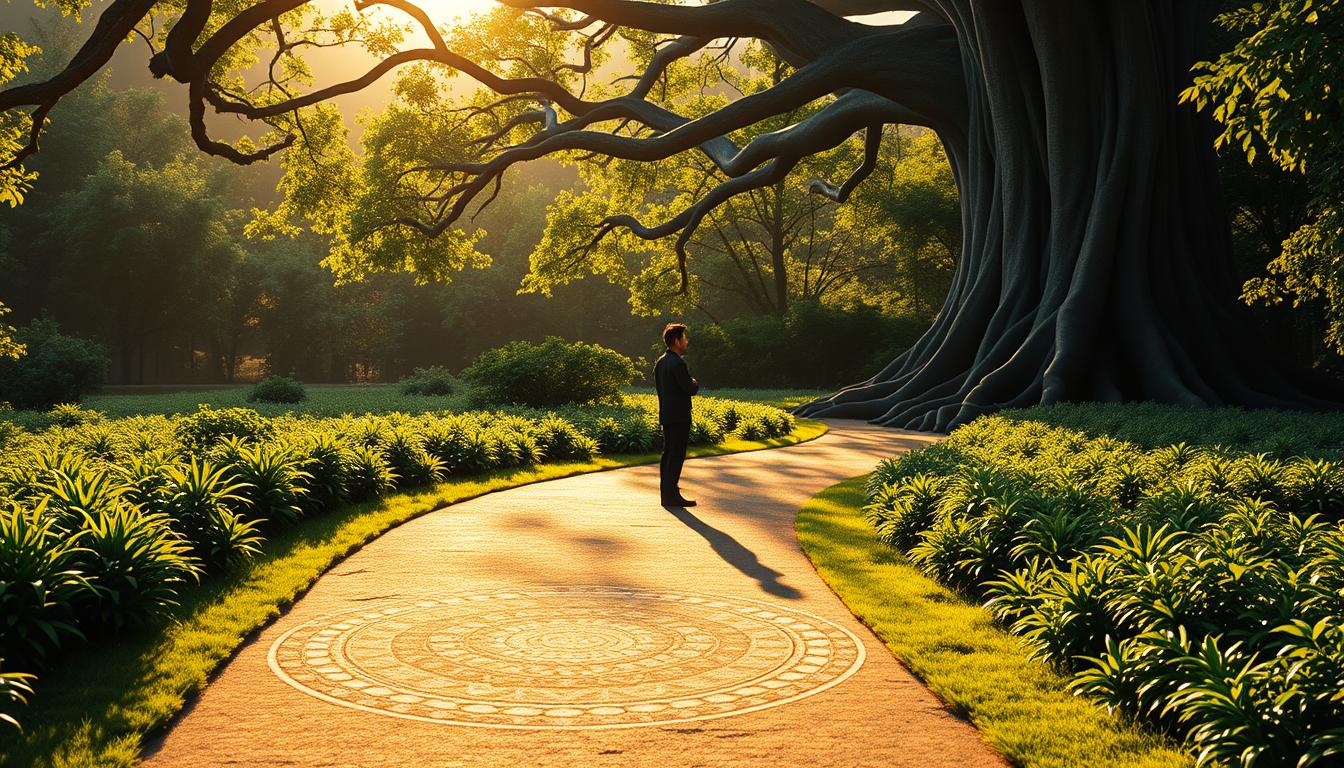 A serene garden path winds through lush greenery, symbolizing the journey of personal responsibility in karma. In the foreground, a lone figure stands with a contemplative gaze, their silhouette casting a long shadow that stretches into the distance. Soft, warm lighting bathes the scene, creating an atmosphere of introspection and enlightenment. The middle ground features intricate mandala patterns, representing the interconnectedness of actions and consequences. In the background, a towering tree with gnarled roots serves as a metaphor for the deep-rooted nature of karma. This Attraction CODEX image conveys the importance of personal accountability in shaping one's destiny.