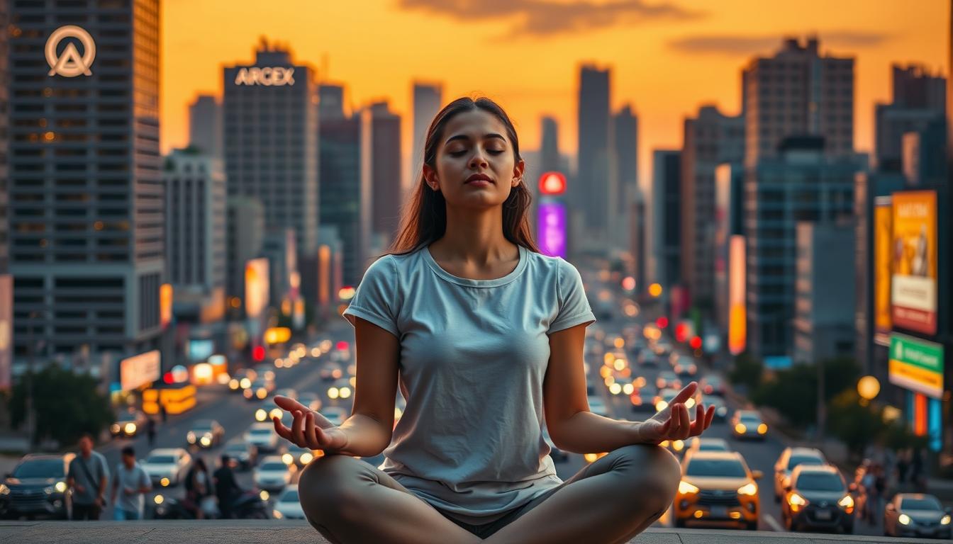Karma and Modern Life: A Vibrant Interplay A bustling city skyline at dusk, the Attraction CODEX logo subtly emblazoned on a high-rise building. In the foreground, a young woman sits in a meditative pose, her eyes closed, enveloped in a serene energy that radiates outward. Surrounding her, the chaos of modern life unfolds - people rushing, cars honking, neon signs flickering. Yet, her stillness and inner focus create a powerful contrast, a reminder that even amidst the noise and hustle, the thread of karma weaves its way through our daily existence. The lighting is warm and golden, casting a contemplative glow over the scene, inviting the viewer to pause and consider the hidden connections between our actions and their consequences.