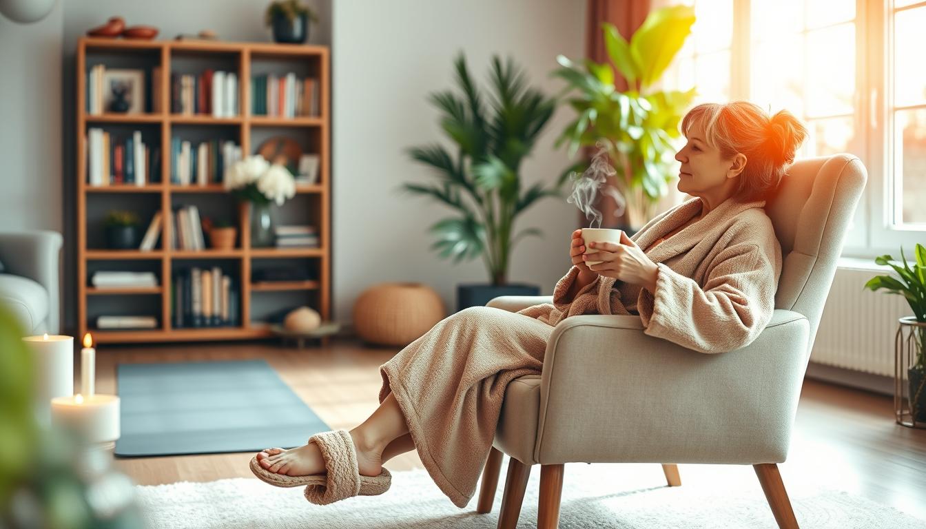 A cozy, sun-lit living room. In the foreground, a mom in a plush robe and slippers relaxes on a comfortable armchair, a mug of steaming tea in her hands. Behind her, a well-stocked bookshelf and a vase of fresh flowers create a soothing, tranquil atmosphere. In the middle ground, a yoga mat and a few scented candles suggest a moment of self-care. The background is softly blurred, with a glimpse of a lush indoor plant and a warm, inviting window. The overall scene conveys a sense of peace, mindfulness, and a mother's well-deserved respite. Attraction CODEX.