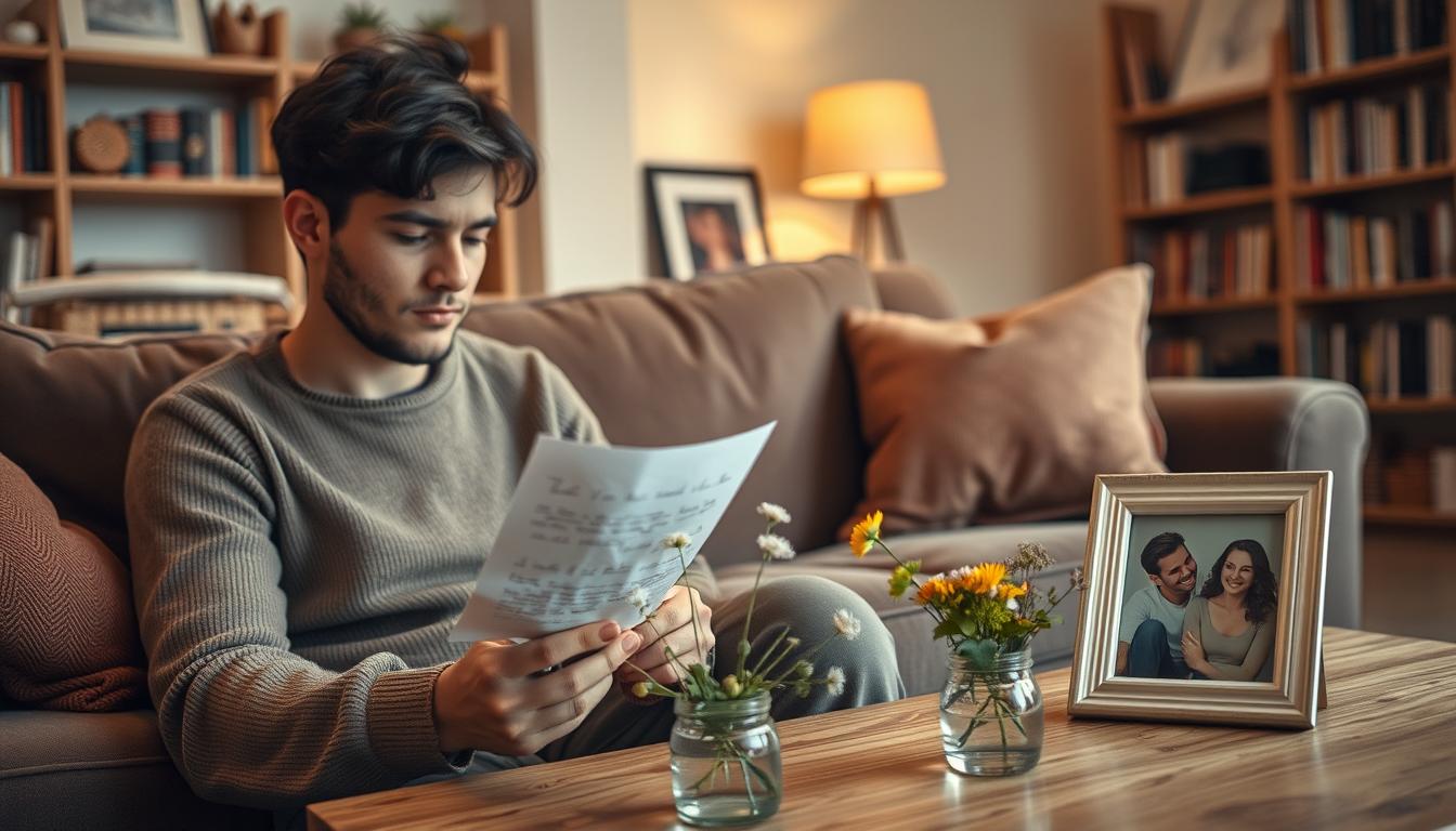 A cozy living room scene, bathed in warm, soft lighting. In the foreground, a person sits on a plush sofa, thoughtfully holding a handwritten letter. Their expression is one of contemplation and care. On the coffee table before them, a small vase of freshly picked wildflowers, a symbol of heartfelt appreciation. In the middle ground, a framed photograph of loved ones, a reminder of the importance of cherished connections. The background suggests a peaceful, tranquil atmosphere, with bookshelves lining the walls, adding a sense of comfort and introspection. Attraction CODEX