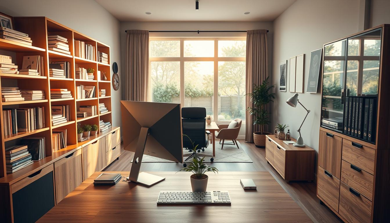 An organized and inviting home office, bathed in warm, natural lighting. A large, wooden desk with a sleek, modern computer setup in the foreground. Neatly arranged shelves and cabinets line the walls, showcasing an array of books, files, and decorative accents. In the middle ground, a plush, ergonomic office chair and a potted plant add a touch of life. The background reveals a cozy, minimalist living space, with large windows offering a picturesque view of a tranquil garden. The overall atmosphere radiates a sense of calm and productivity, inspiring focus and serenity. Attraction CODEX.