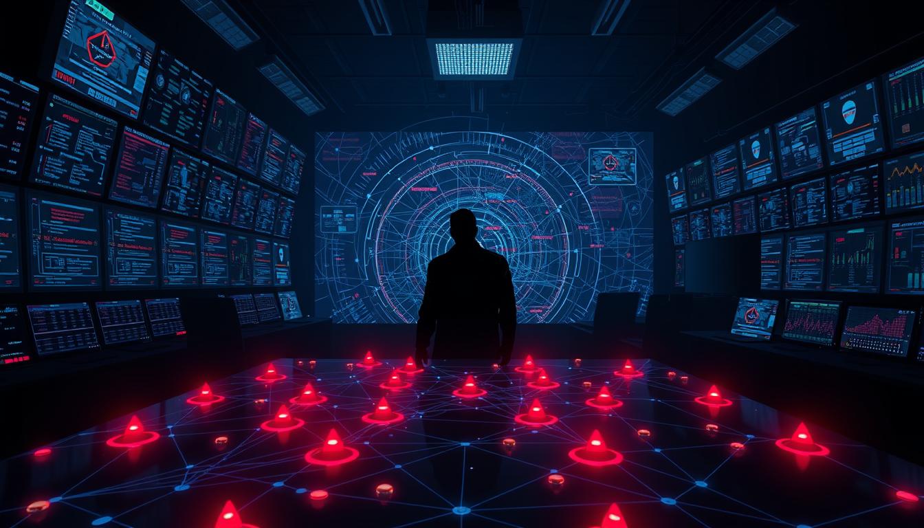 A dark and ominous cybersecurity control room, dimly lit by the glow of countless screens. In the foreground, a network diagram pulses with red warning lights, signaling internal threats. Shadowy figures lurk in the middle ground, their faces obscured by digital distortions. In the background, a tangled web of data streams, firewalls, and encryption protocols creates a sense of complexity and vulnerability. The atmosphere is tense, the mood foreboding, as the viewer is immersed in the unseen dangers that lurk within the system.